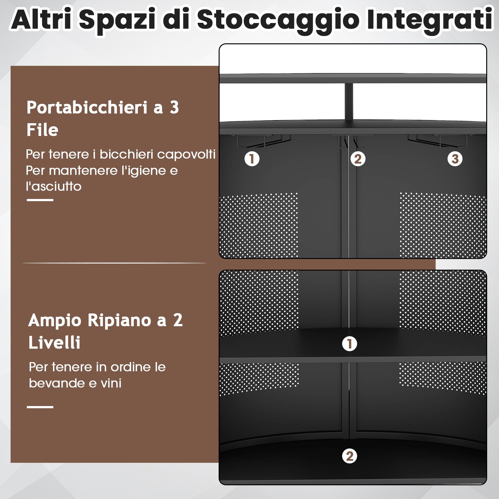 RELAX4LIFE Tavolo Bar Semicircolare con 4 Ripiani e 3 Supporti per Calici, Piano Curvo in Metallo Perforato con Poggiapiedi Integrato, per Cucina, Soggiorno o Angolo Bar (Nero, 110,5 x 48 x 112,5 cm)