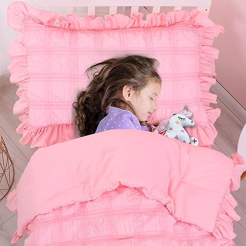 Miniatura 4 de Cloele Juego de ropa de cama de 4 piezas para niñas  Juego de sábanas para niños pequeños de sirsaca sólido con flecos con volantes, incluye