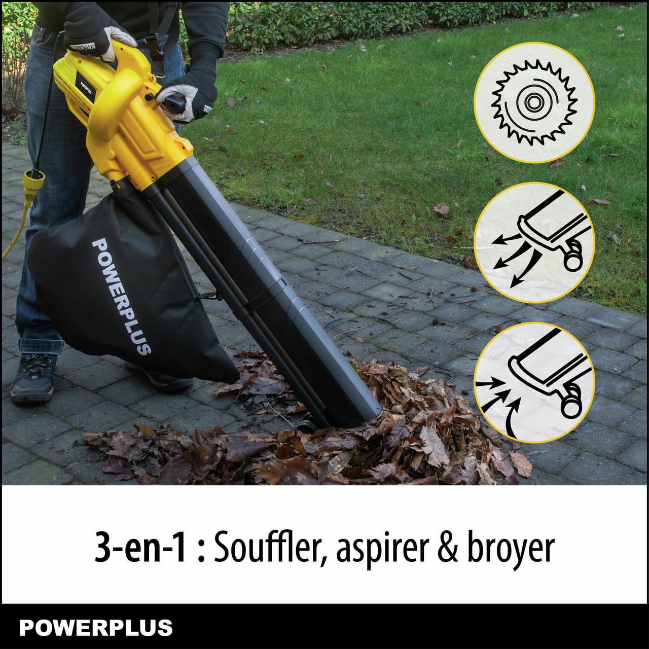 Powerplus Soffiatore elettrico POWEG4030-3300 W soffiatore di foglie elettrico, velocità massima dell'aria 250 km/h, attrezzi da giardino
