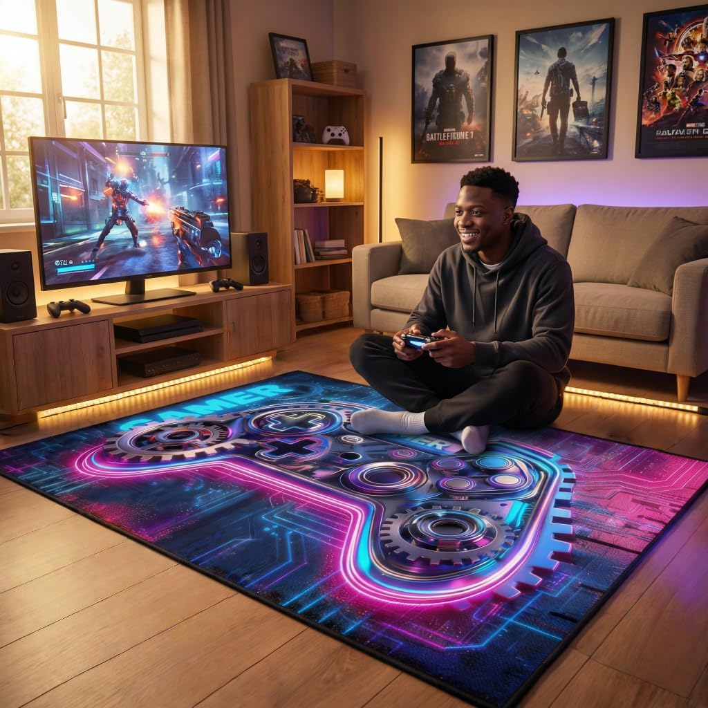 Dowtowter Gaming Rug for Boys Room, Neon Game Controller Area Rug, Non-Slip Gamer Decor Rug,Carpet for Gaming Room Kids Room Bedroom Living (Pink, 39‘’×59‘’)