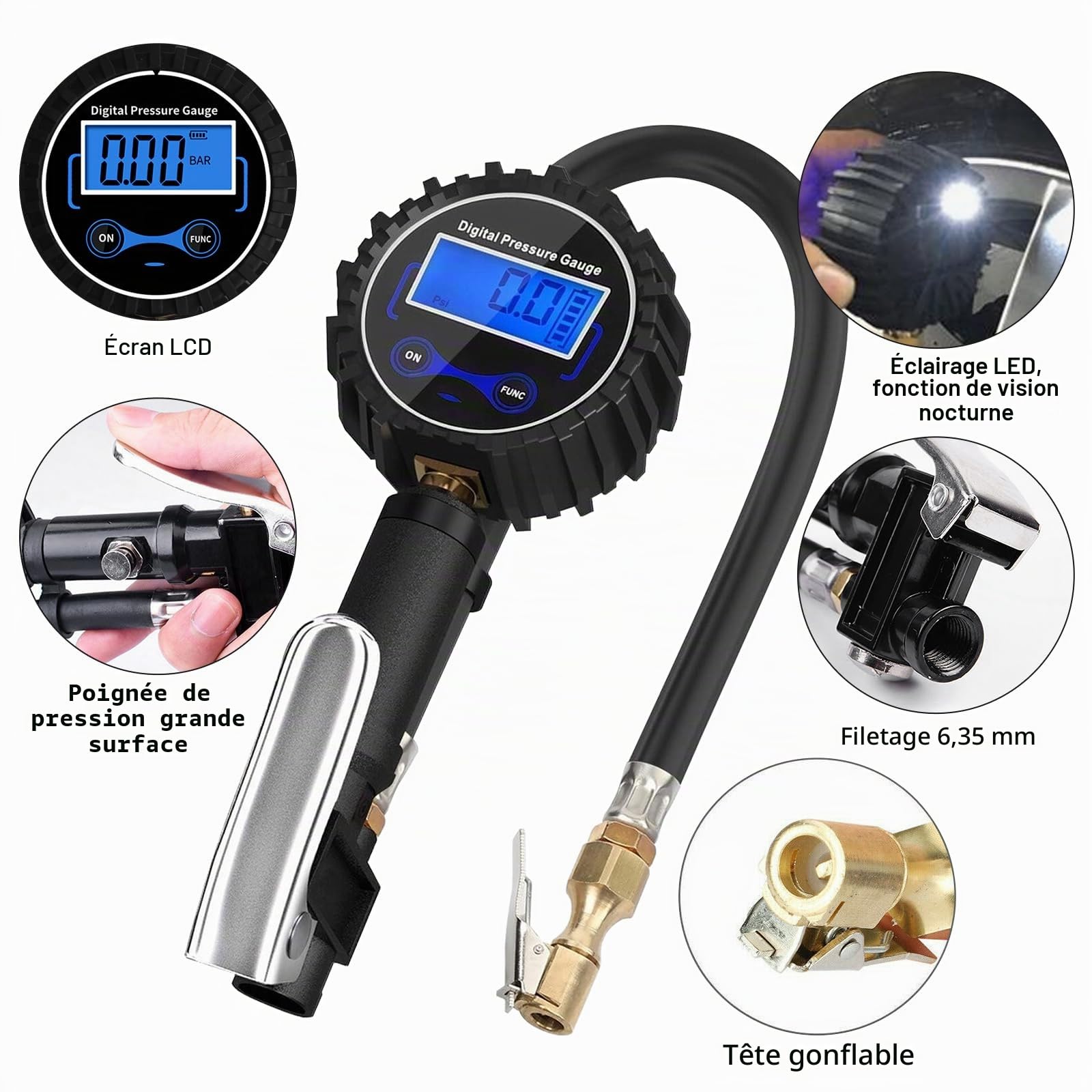 Testeur de pression d'air - Gonfleur de pneu - Avec manomètre, manomètre - Testeur de pression d'air numérique avec écran LCD rétroéclairé - Pour véhicule, moto, voiture
