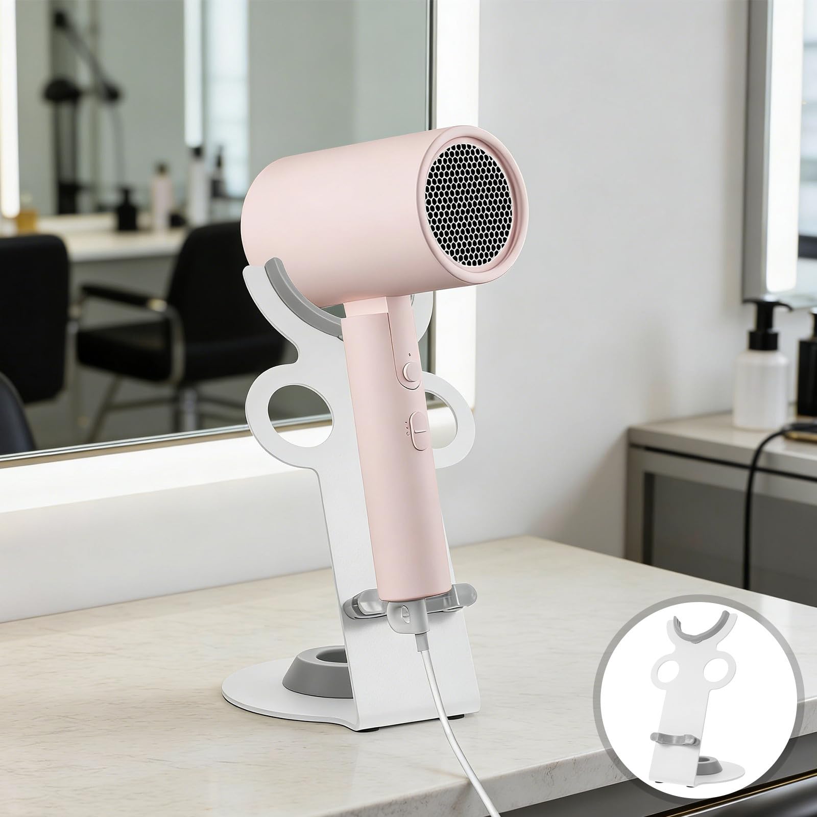 LALAFINA Soporte Organizador para Secador de Pelo, Soporte para Secador de Pelo de Escritorio, Metal y Plástico, Blanco, sin Taladro, para Estación de Salón y Baño