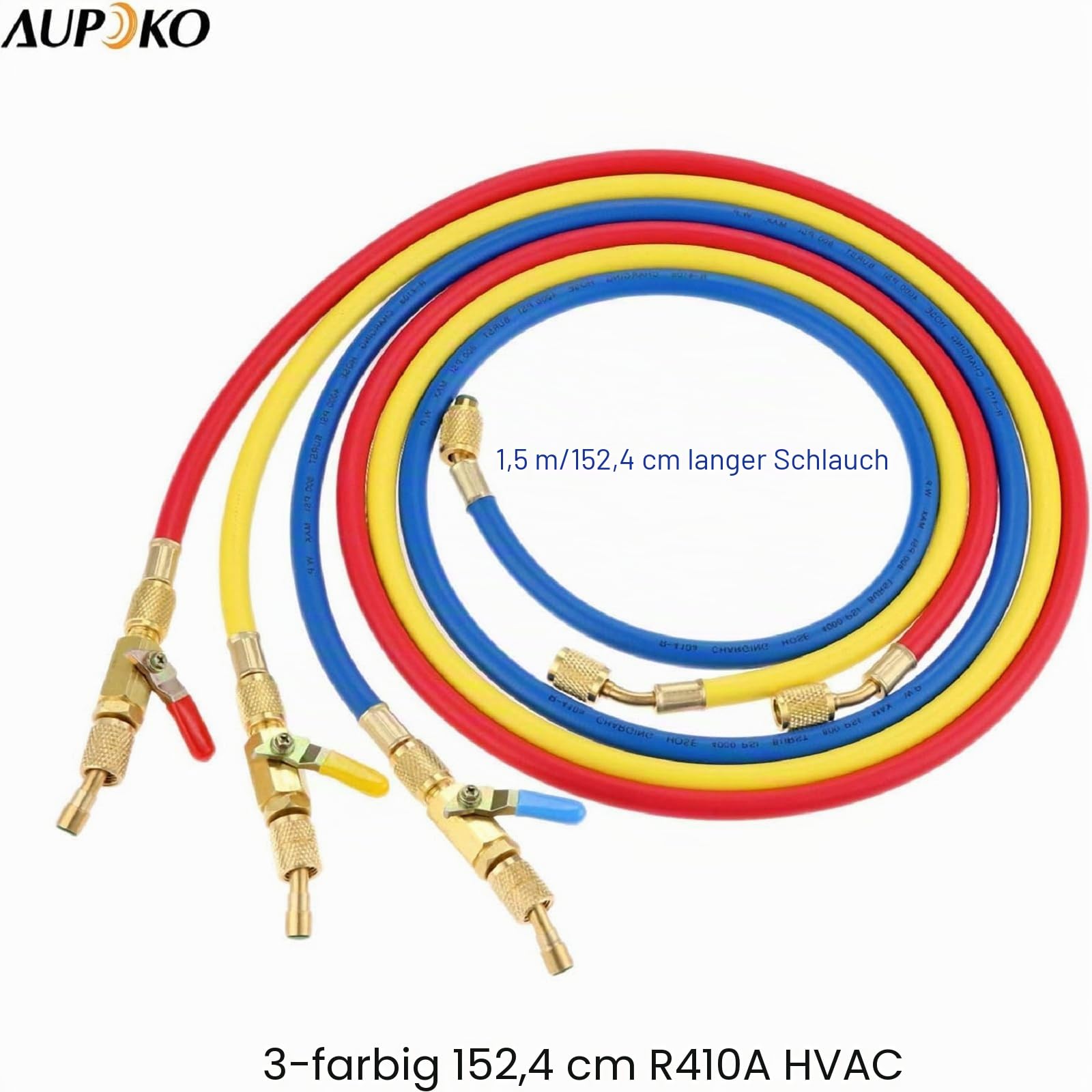 Aupoko Kältemittel-Klimaanlagen-Ladeschläuche mit Kugelventilen, 3-Farben 60" R410A HVAC 1/4" SAE 800 PSI Arbeitsdruck, passend für R134A R12 R22 R502 R404 Kühlmittelzugabe und Klimaanlagenwartung
