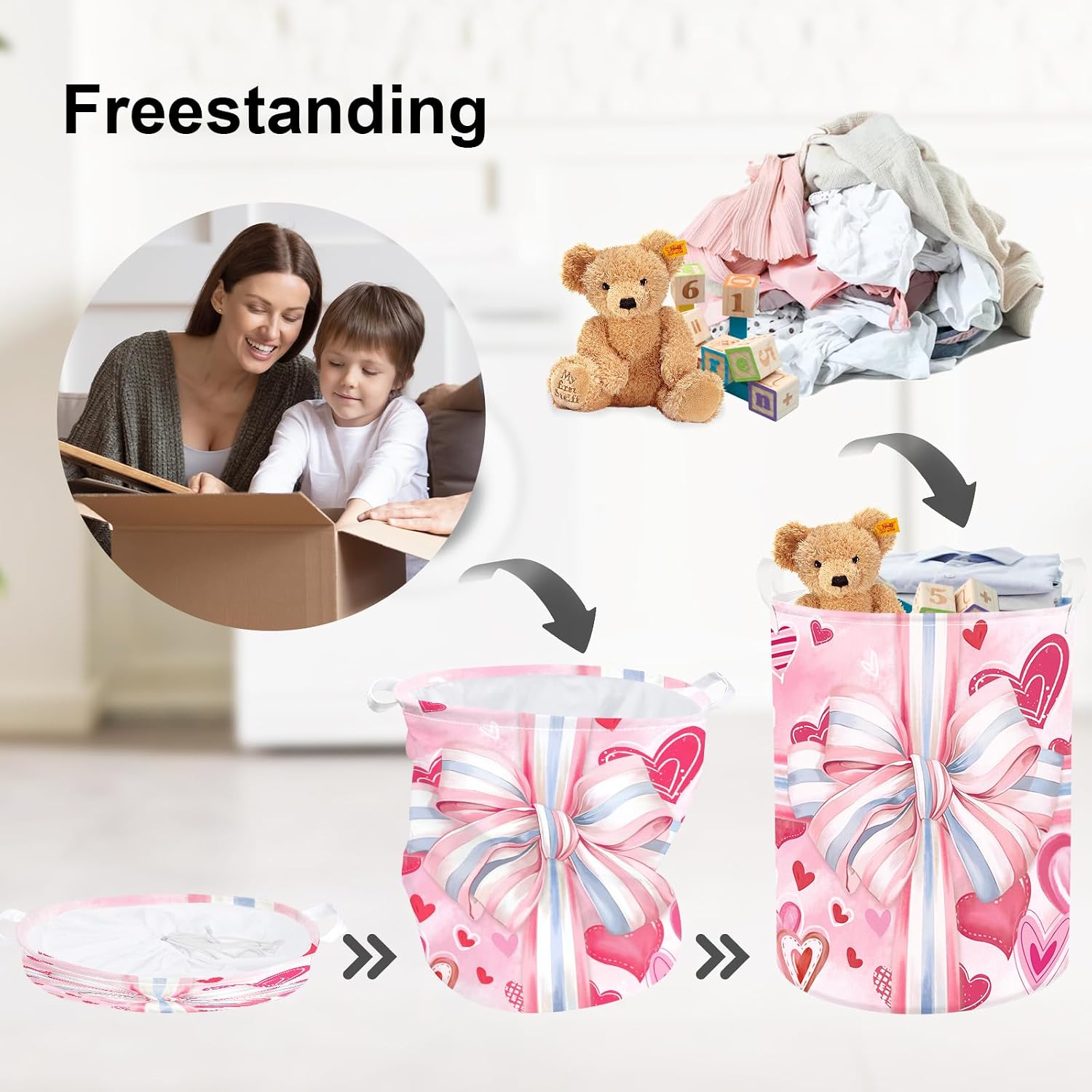 Clastyle Ribbon Bow Baby Gift Box Basket Heart Kid Storage Basket Girl Laundry Hamper Collapsible Clothes Organizer Nursery Bin for Bedroom, Pink, 36 * 45 cm image 3