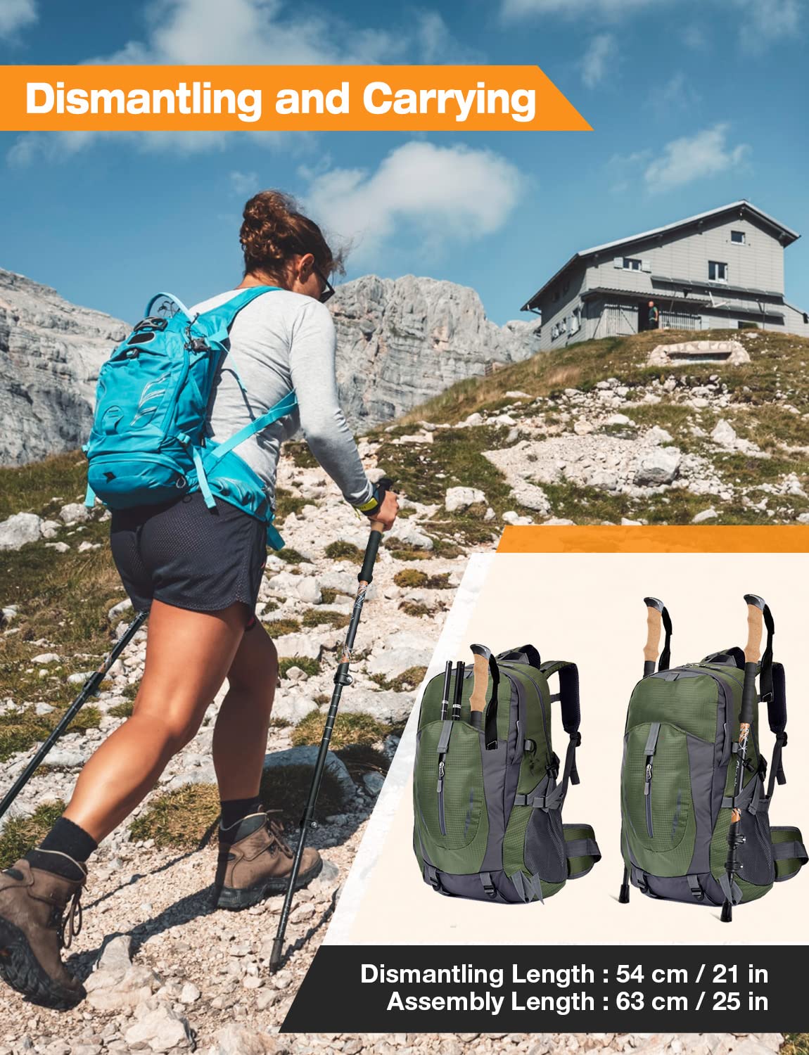 Glymnis Kijki trekkingowe z włókna węglowego, regulowane kijki trekkingowe 65-135 cm, zamknięcie zaciskowe, uchwyt korkowy z 4 parami gumowych odbojników, czarne