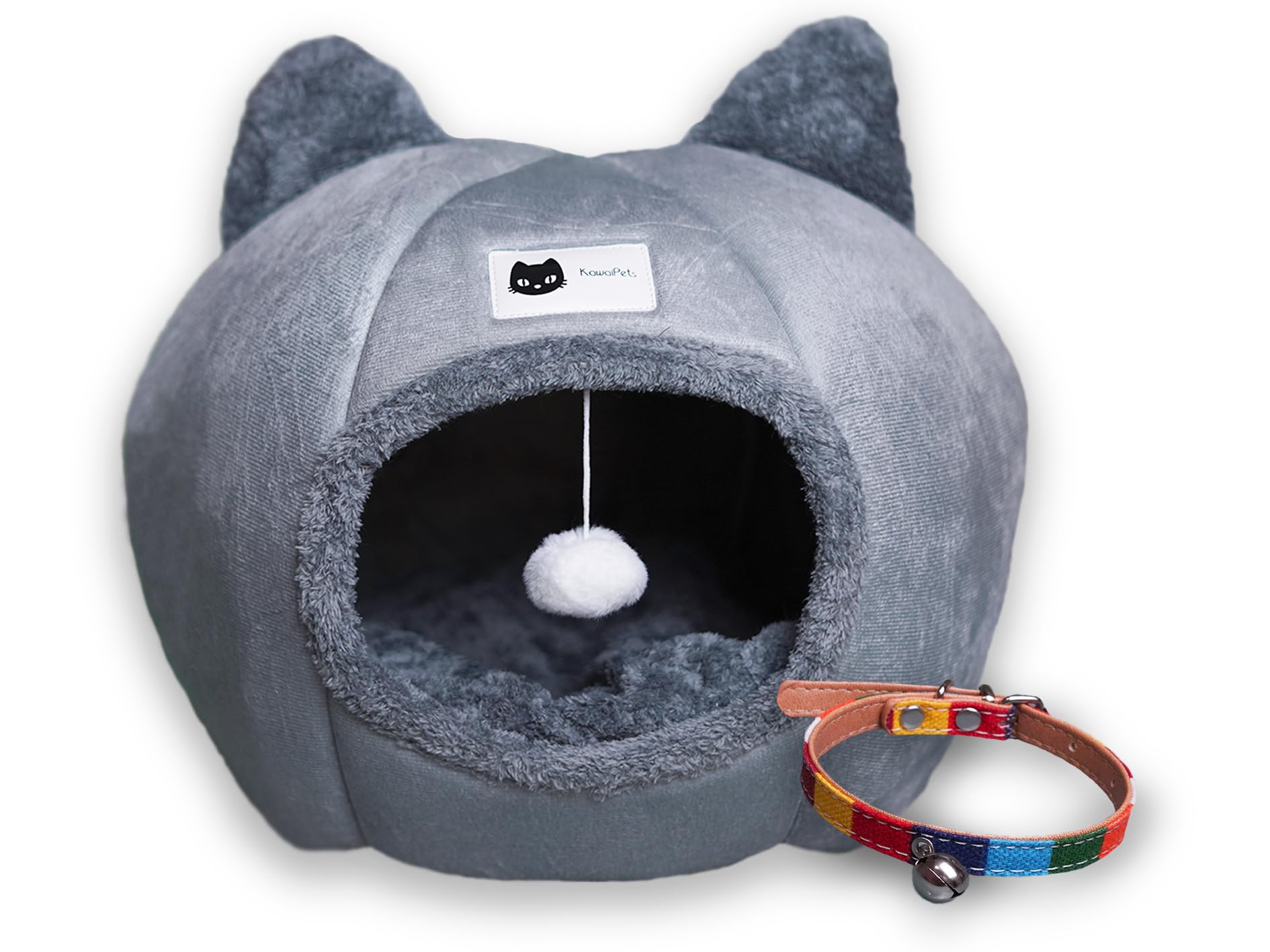 Cama Gato - Casa Gato - Cama Perro Pequeño - Cueva Gato - Caseta Gato con Cojín Acolchado Interior Desmontable, Lavable, Bola Colgante Juguete, con Collar Multicolor de Regalo