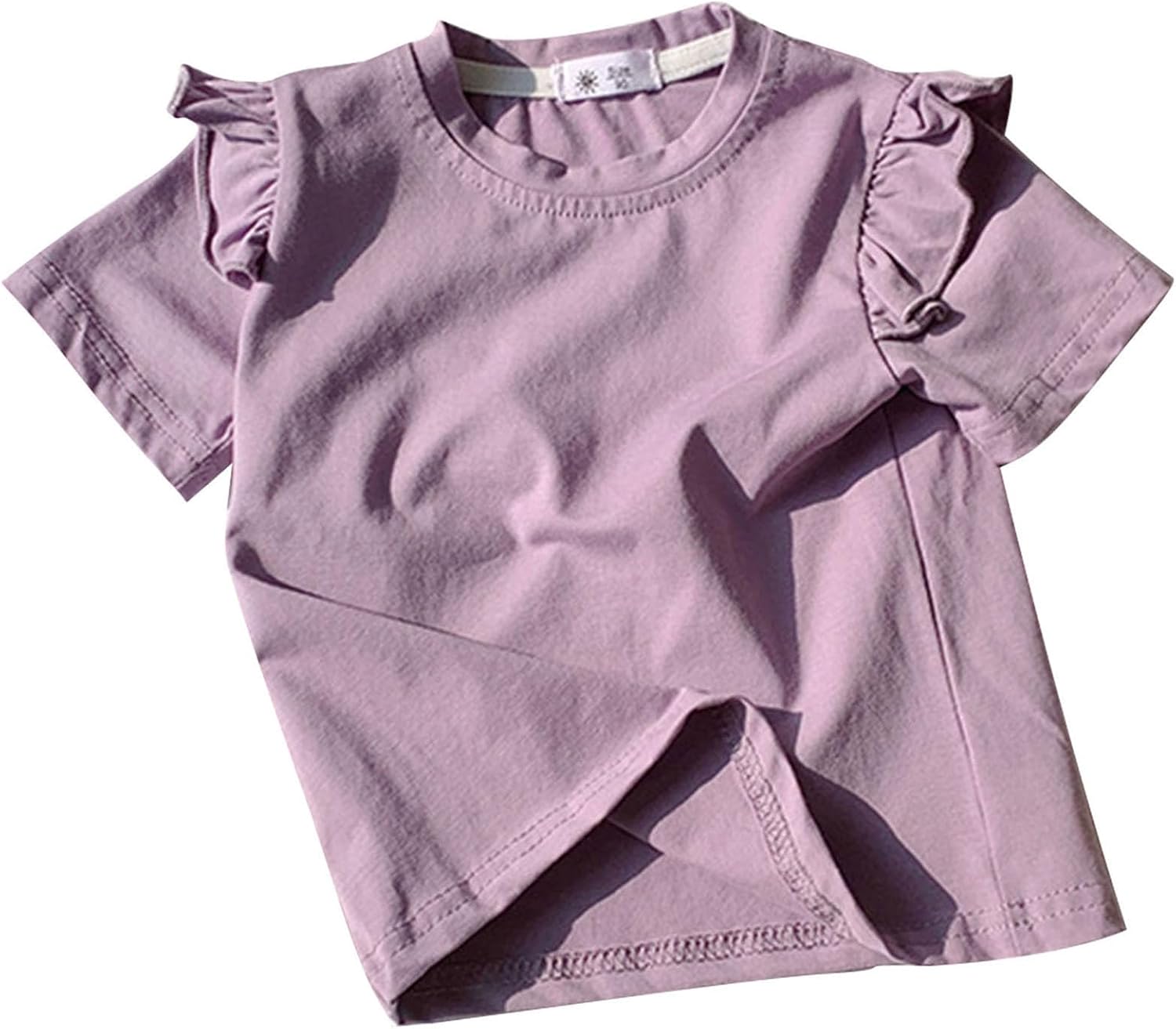 Girls' Summer Shirts Cute Tops Ruffle Sleeve Crew Neck Tops Casual Loose Fit Tees Cotton Solid Color Blouse