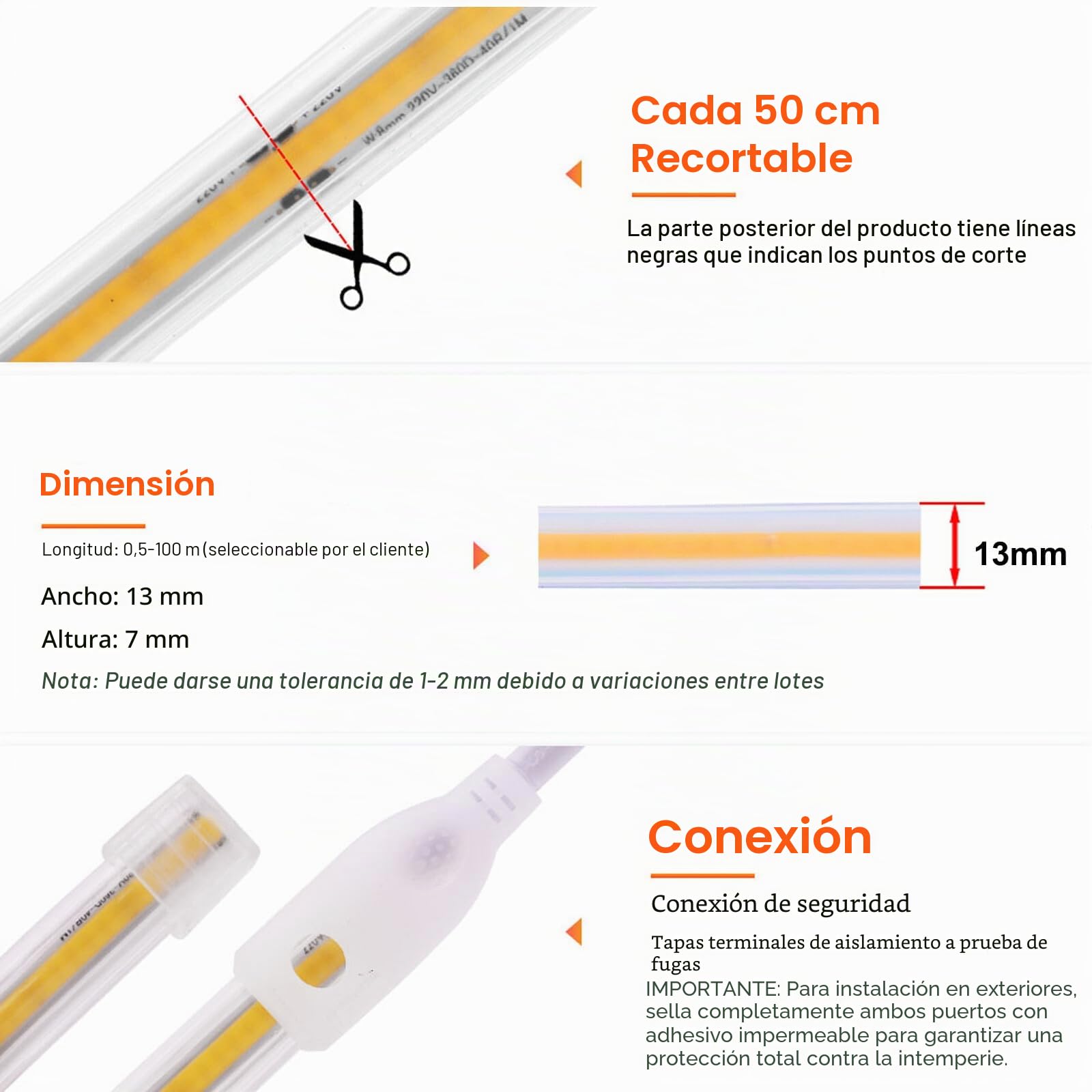 XUNATA Tira de LED COB 220V, Alto brillo 360 LED/m, IP65 Impermeable, Cada Corte de 50 cm, Luz de Cuerda Flexible (Blanco Frio, 50m)