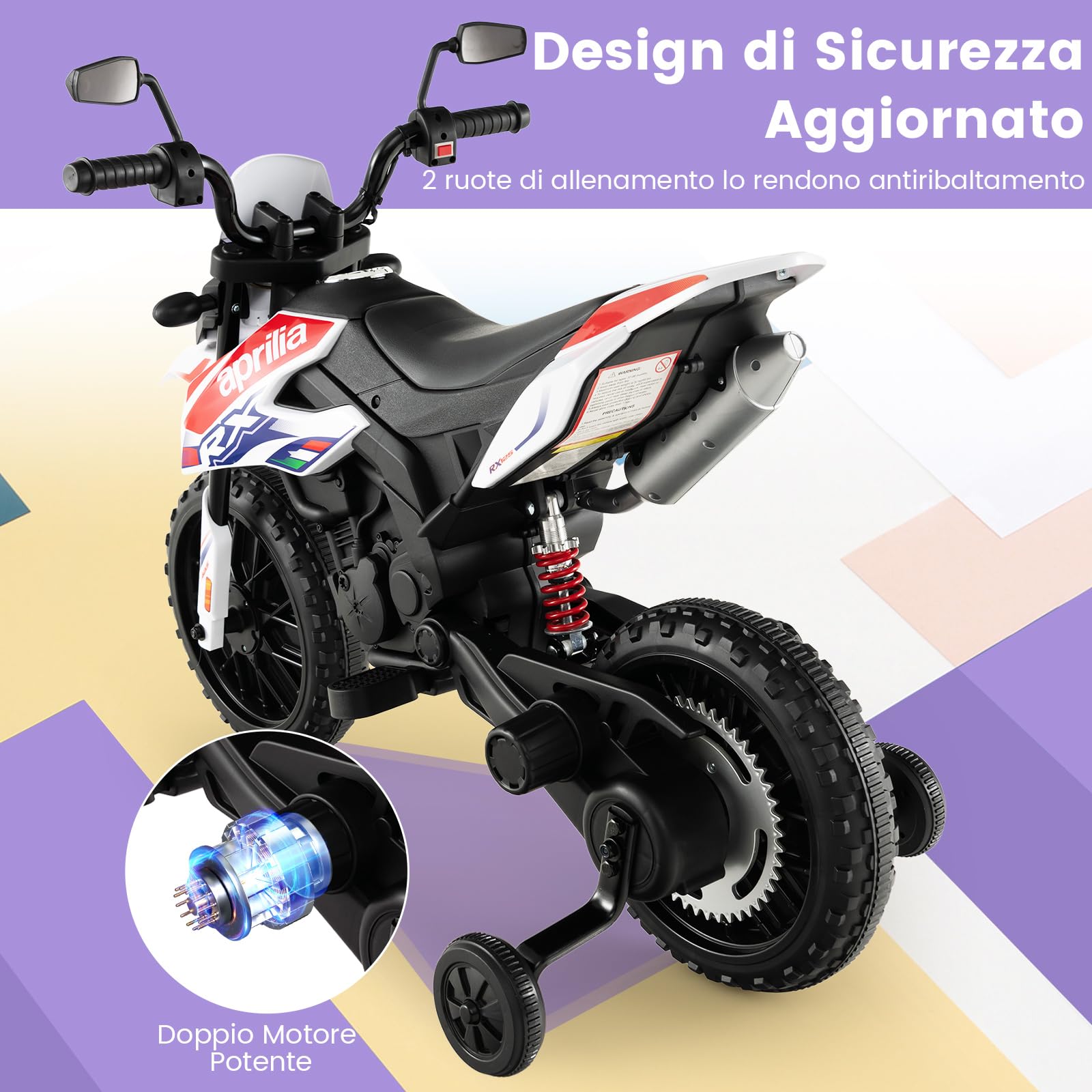 RELAX4LIFE Moto Elettrica Aprilia RX 12 V per Bambini, con Rotelle Ausiliarie, 5,5-6 km/h, Luci,Musica,Fari, Carico 30 KG, per Bambini 3-8 Anni