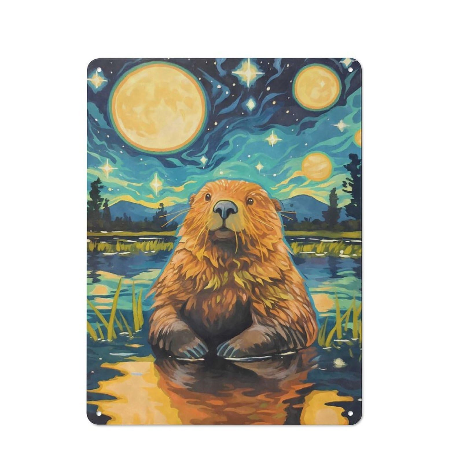 Cute Beaver Starry Night Urban Metal Wall Decor 40x30cm, Metal Wall Art Sign for Loft, Studio, Office Or Creative Room