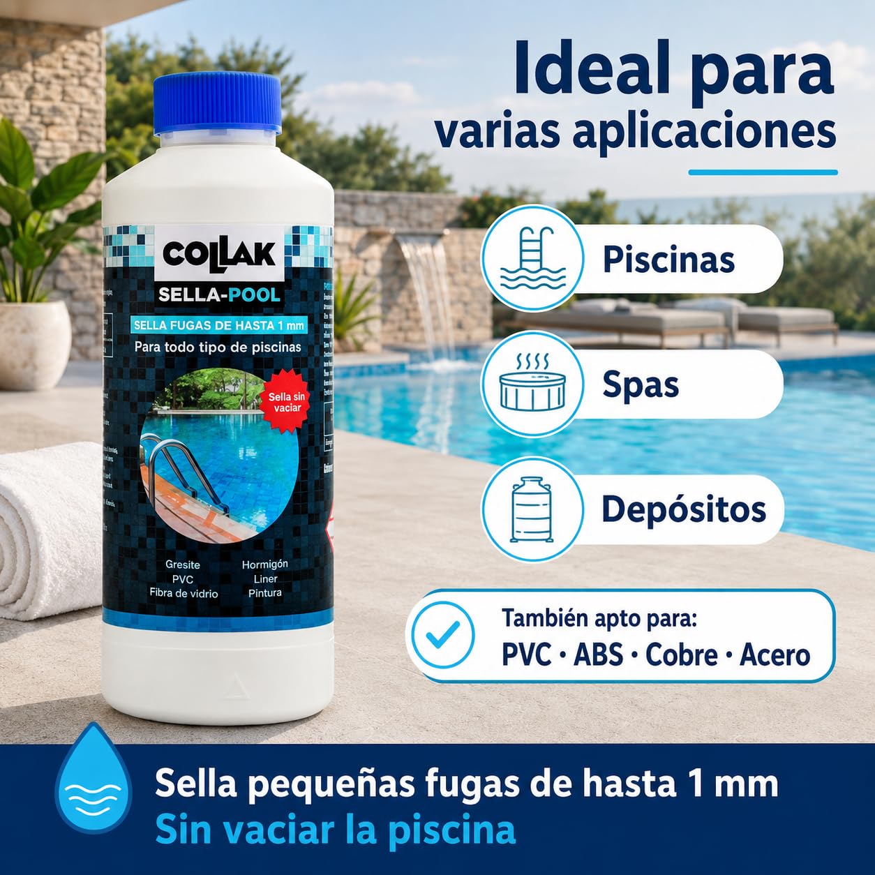 Collak Sigillante per perdite per piscina Seala-Pool 1L - Ripara crepe senza vuoto - Compatibile con Liner, Calcestruzzo, PVC, Fibra, SPA, Serbatoi e Tubi - Uso professionale e domestico