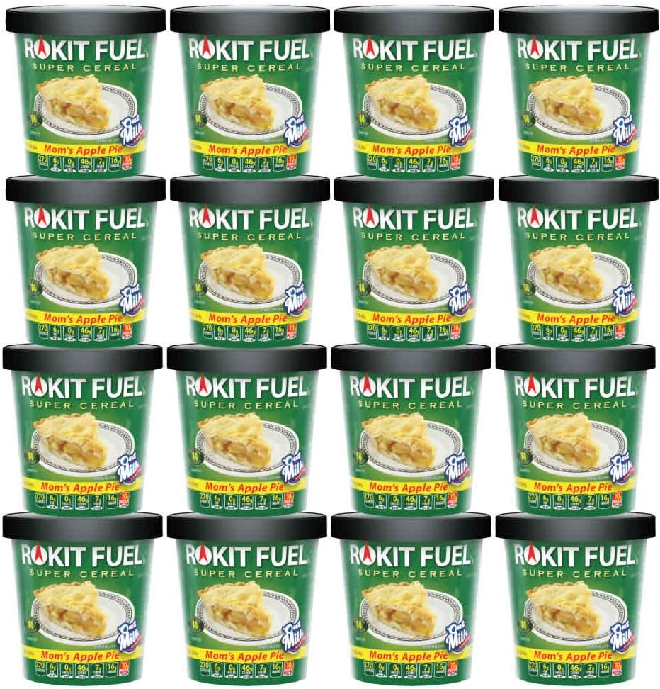Rokit Fuel Instant Oatmeal Cereal Cup - Case of 16 - Apple Pie Flavor - Vegan / Vegetarian, GMO Free, Gluten Free - Hot or Cold - Breakfast, RV, Hiking