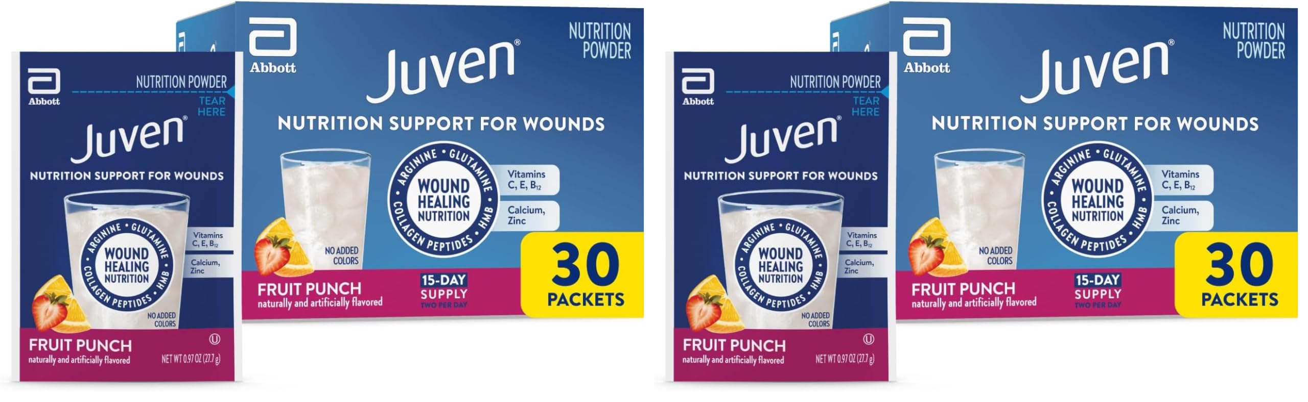 Juven Therapeutic Nutrition Drink Powder Including Collagen Peptides, Amino Acids, and HMB for Wound Healing Support, Fruit Punch, 30 Count (Pack of 2) Fruit Punch 30 Count (Pack of 2)