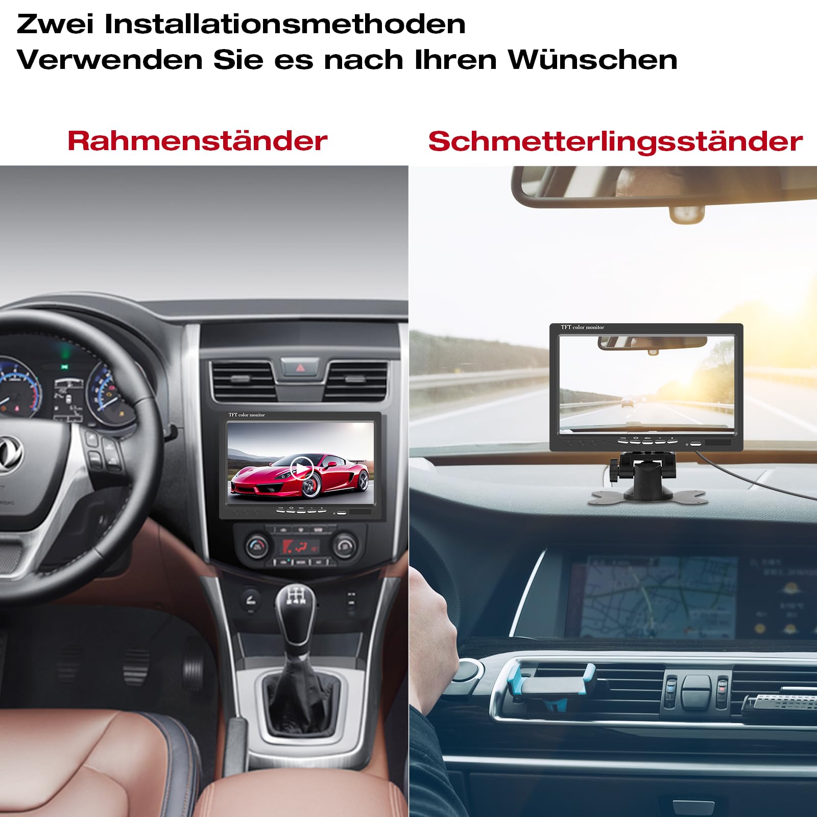 AISHICHEN Moniteur de Vision Arrière 7" TFT LCD pour Système de Caméra - Écran pour Berline, SUV, Van avec Deux Entrées Vidéo - Alimentation 12V/24V