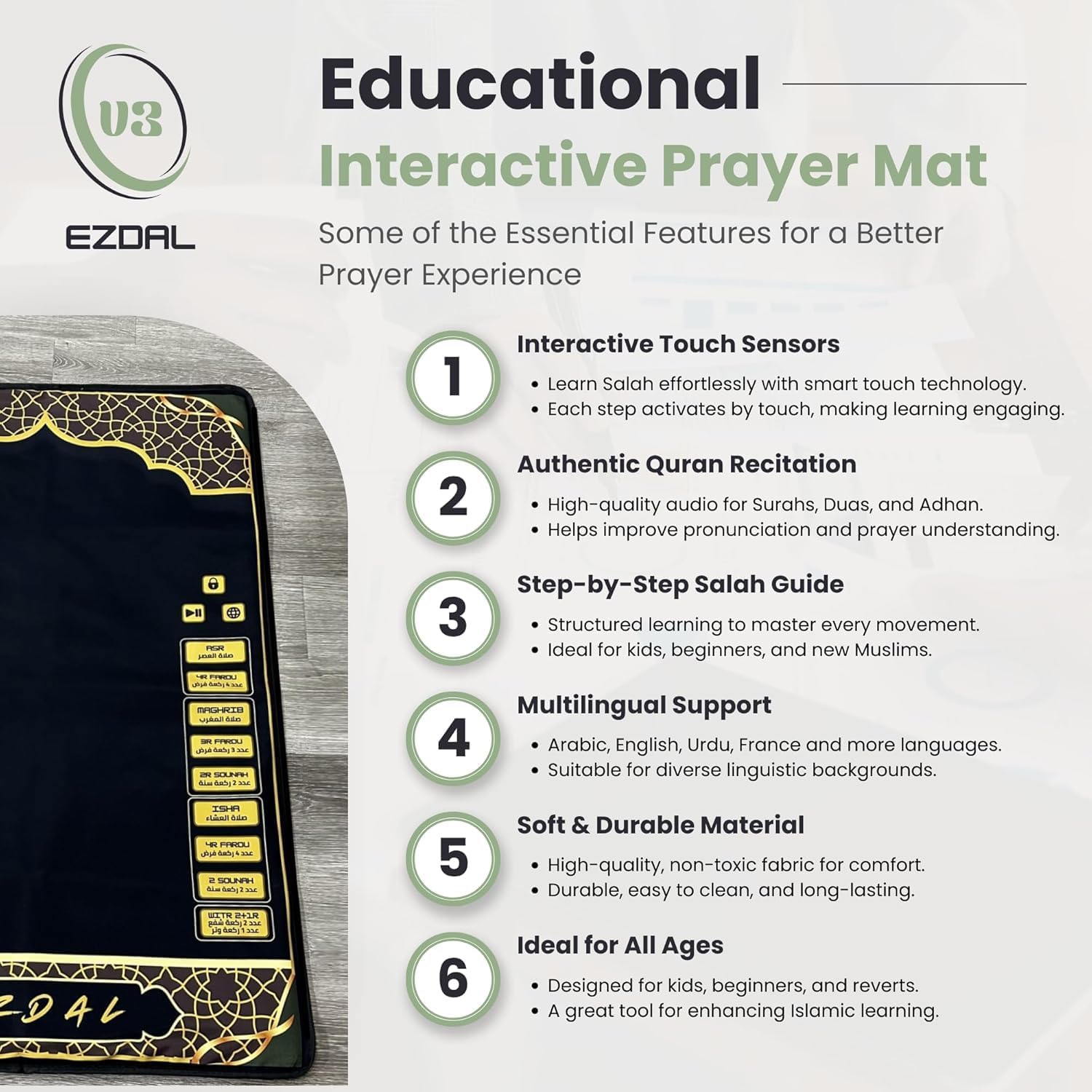 Smart Interactive Prayer Mat V3 – Touch Sensor Quran Recitations Multilingual Portable Foldable Salah Mat - Islamic Audio Prayer Rug for Kids Women Men & Adults