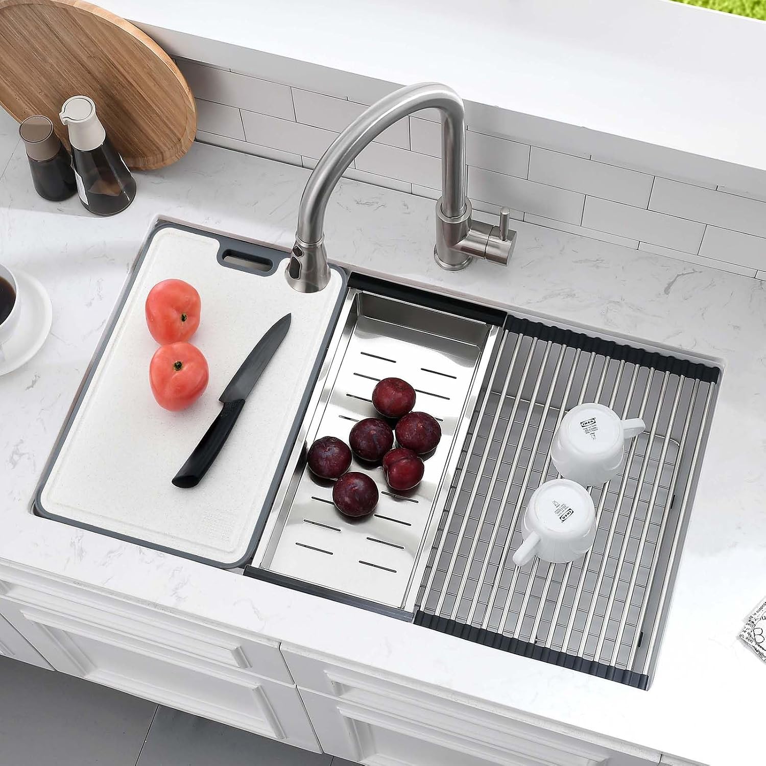 WHaor White Undermount Kitchen Sink, 32x19 Kitchen Sink Undermount Workstation Granite Composite Renovation Quartz Classic 10" Deep Under Counter White Single Bowl Basin with Cutting Board
