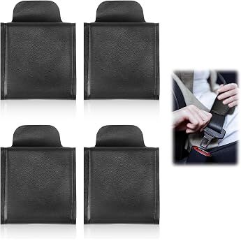Set of 4 Car Seat Belt Adjusters Made of PU Leather Universal Strap Clip with Fastener for Adults and Children Protection for Shoulder and Neck Heat Resistant Comfortable Black