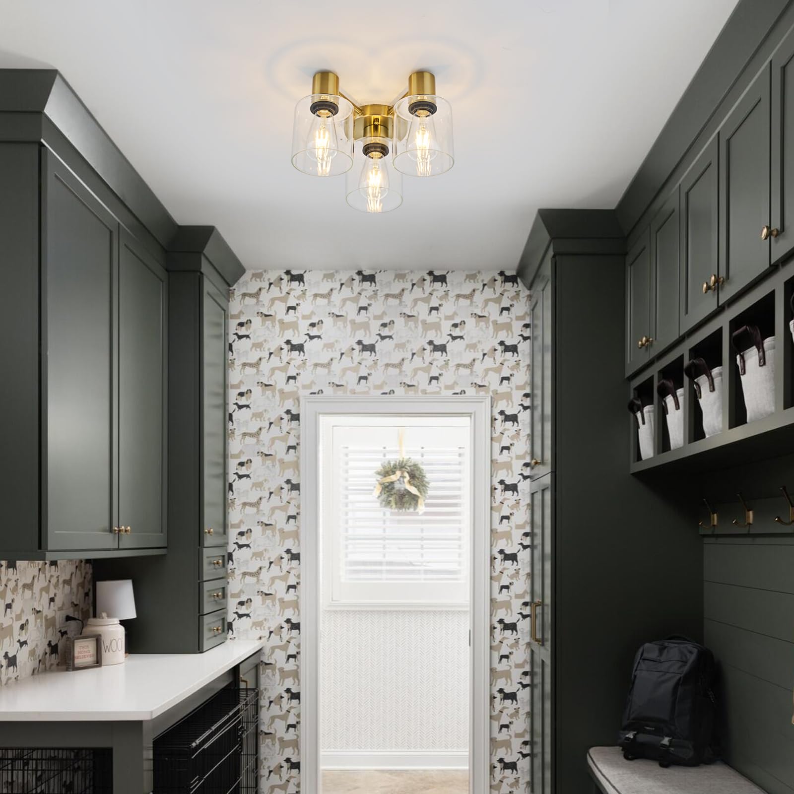 TeHenoo Modern 3-Light Flush Mount Light, Clear Glass Shade,Brass Gold Ceiling Light Fixture for Dining Room, Bedroom, Kitchen,Cafe, Bar, Corridor