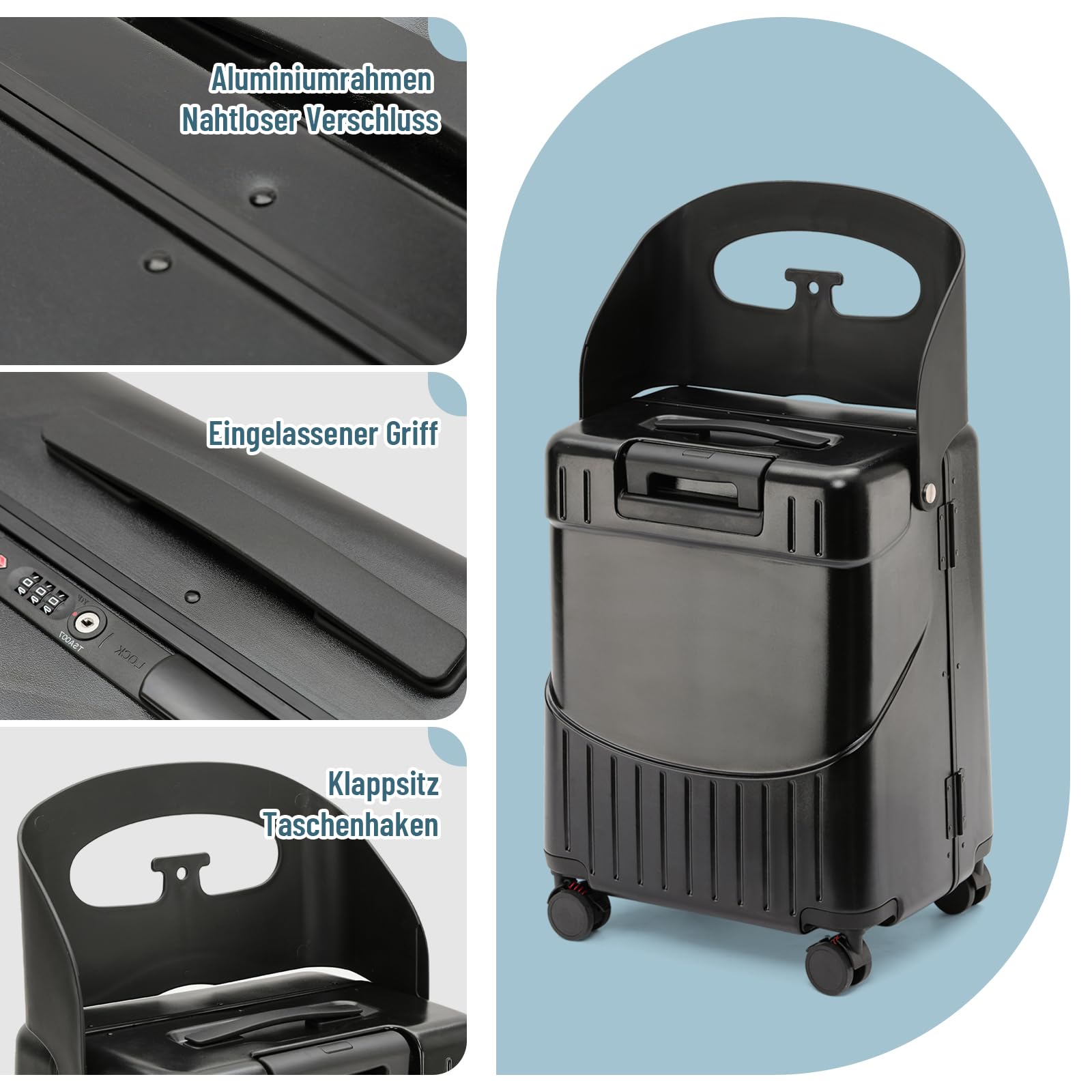 Kinderkoffer mit Sitzfunktion, 20-Zoll Kinderkoffer mit verriegelbaren 4-Spinner-Rädern, 53x35x28cm Schwarzer Hartschalen-Reisekoffer