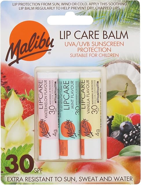 Malibu Sun SPF 30 Lip Balm Sunscreen, Watermelon, Mint and Vanilla, 3 x 5g