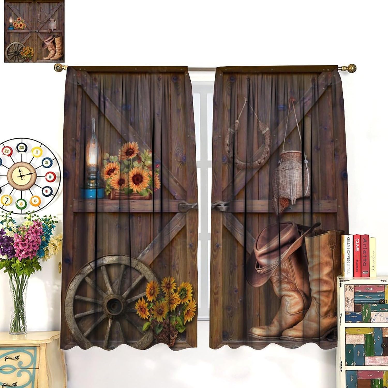 Brebasf Western Wooden Barn Blackout Curtains Rustic Horseshoe Vintage Old Wooden Board Cowboy Boots Wheel Sunflower Window Thermal Insulated Darkening Rod Pocket Curtains 2 Panels 84" L x 42" W
