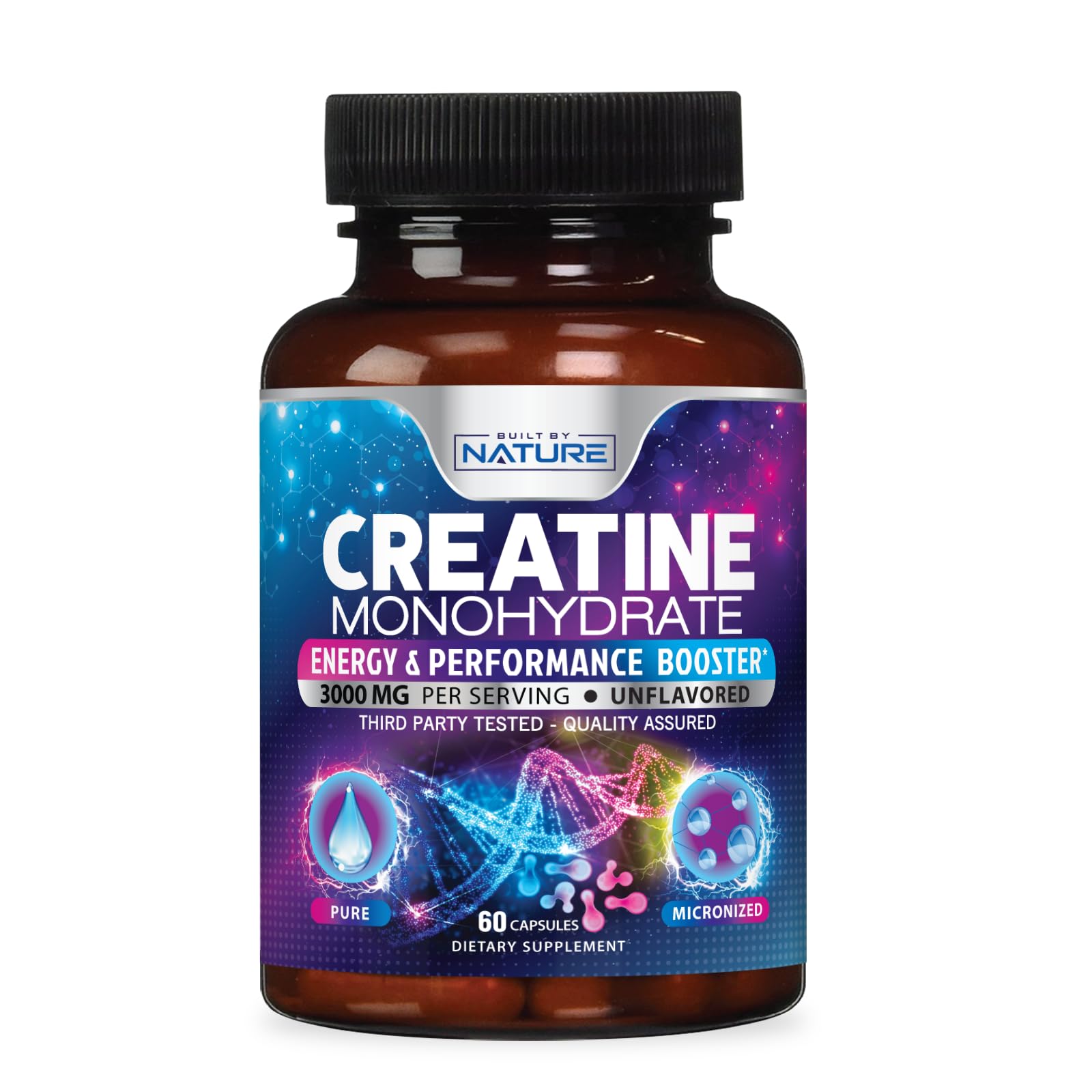 Built by Nature Creatine Monohydrate Pills - Micronized Creatine Supplement for Men & Women - Muscle Strength, Energy, Endurance, and Recovery - Gluten-Free, Vegan, Non-GMO - 60 Capsules 60 Count (Pack of 1)
