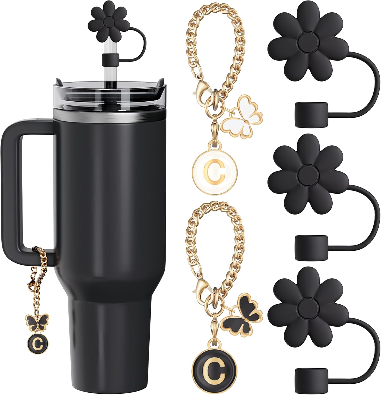 Compatible with Stanley Cup Accessories, 3PCS Straw Toppers for Stanley Straw Cover Cap, 2PCS Cute Letter for 30&40 Oz Tumbler with Handle