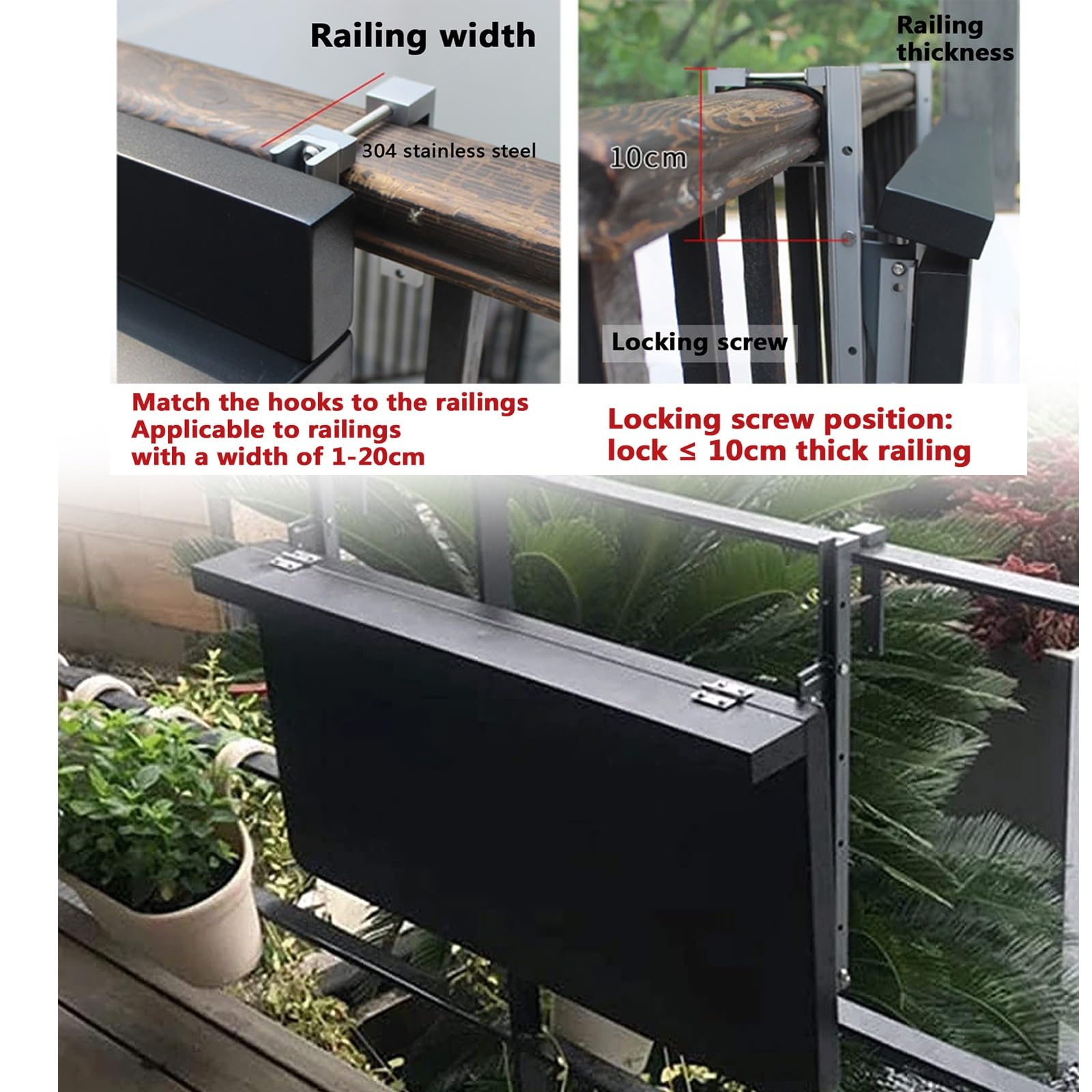 Tavolino Pieghevole da Parete per Balcone e Patio, Tavolo da Portata sospeso Regolabile, tavolino salvaspazio per Interni/Esterni (Nero, 100x39 cm)
