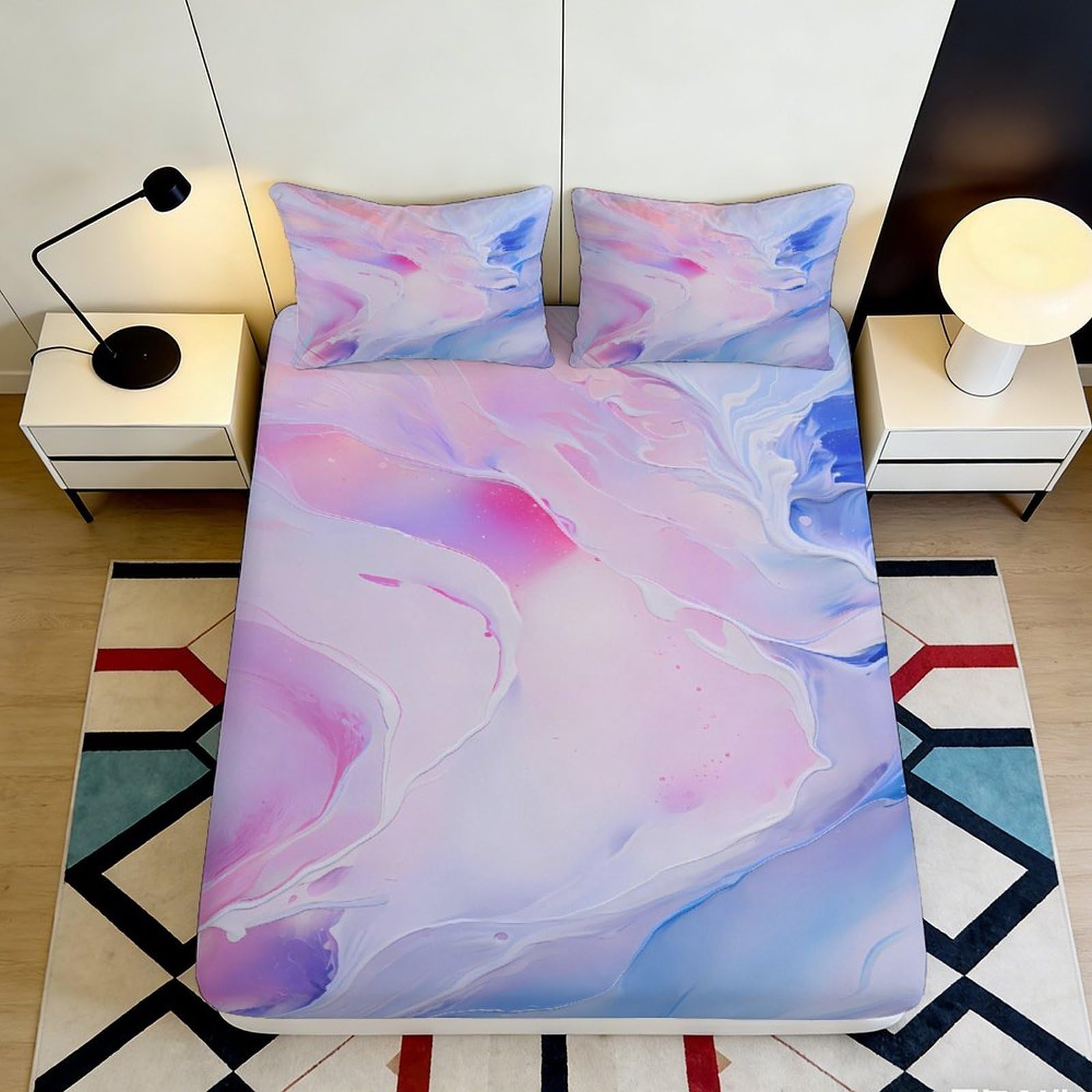 3D Printed Pastel Marble Fitted Sheet Microfiber Soft Breathable Abstract Watercolor Mattress Cover Bedroom Decor 90x200x25cm