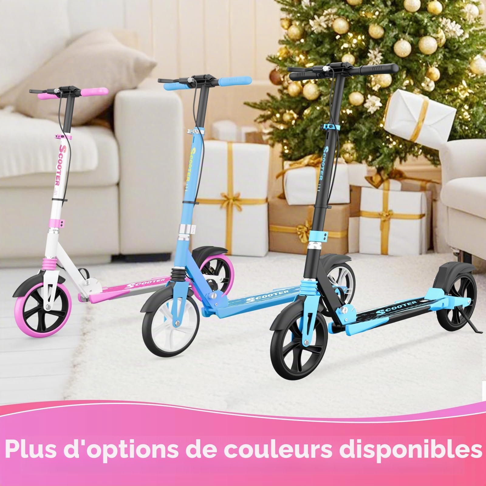 MEE GOO H007D Trottinette avec frein à disque, double amortisseur, roues en polyuréthane de 200 mm, roulements ABEC-7, trottinette pliable pour adultes 18+, planche antidérapante avec rose/blanc/bleu