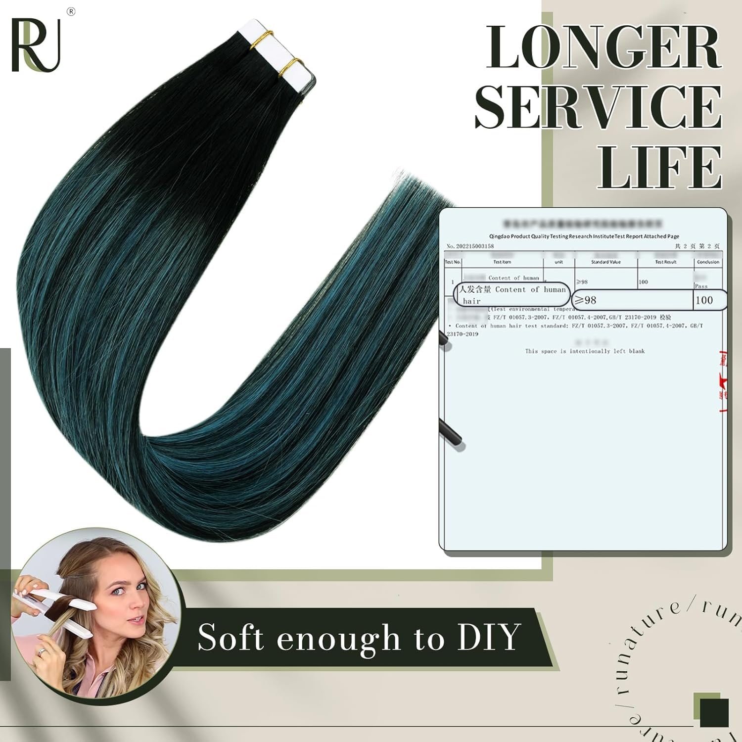 RUNATURE 14 Inch Tape in Hair Extensions Human Hair Black Ombre Teal Tape Hair Extensions Real Human Hair Invisible Tapes Teal Hair 40 Gram - Image 4