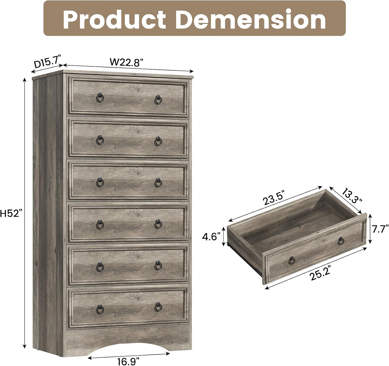 6 Drawer Dresser 52" Tall for Bedroom, Wood 6 Chest Drawers, Storage for Clothes, Narrow Large Drawers, Taupe Vintage, for Living Room, Bedroom, Hallway, Brownish Grey
