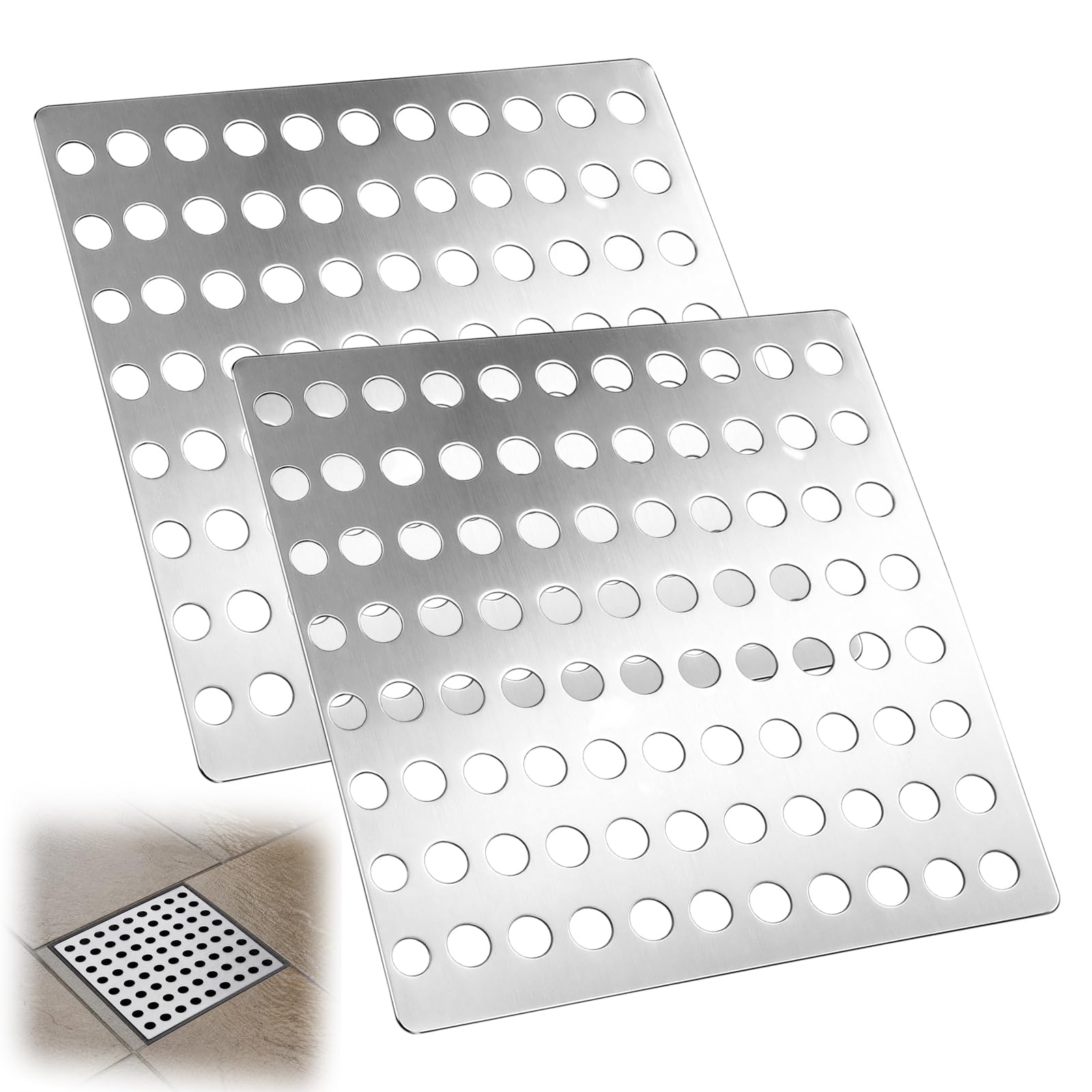 KIPTVO 2 Pack Stainless Steel Outdoor Drain Cover 15x15cm, Metal Drain Guard with Mesh Holes for Leaves & Debris, Drain Covers Outdoor for Garden, Shower Tray, Patio and Outside Drainage