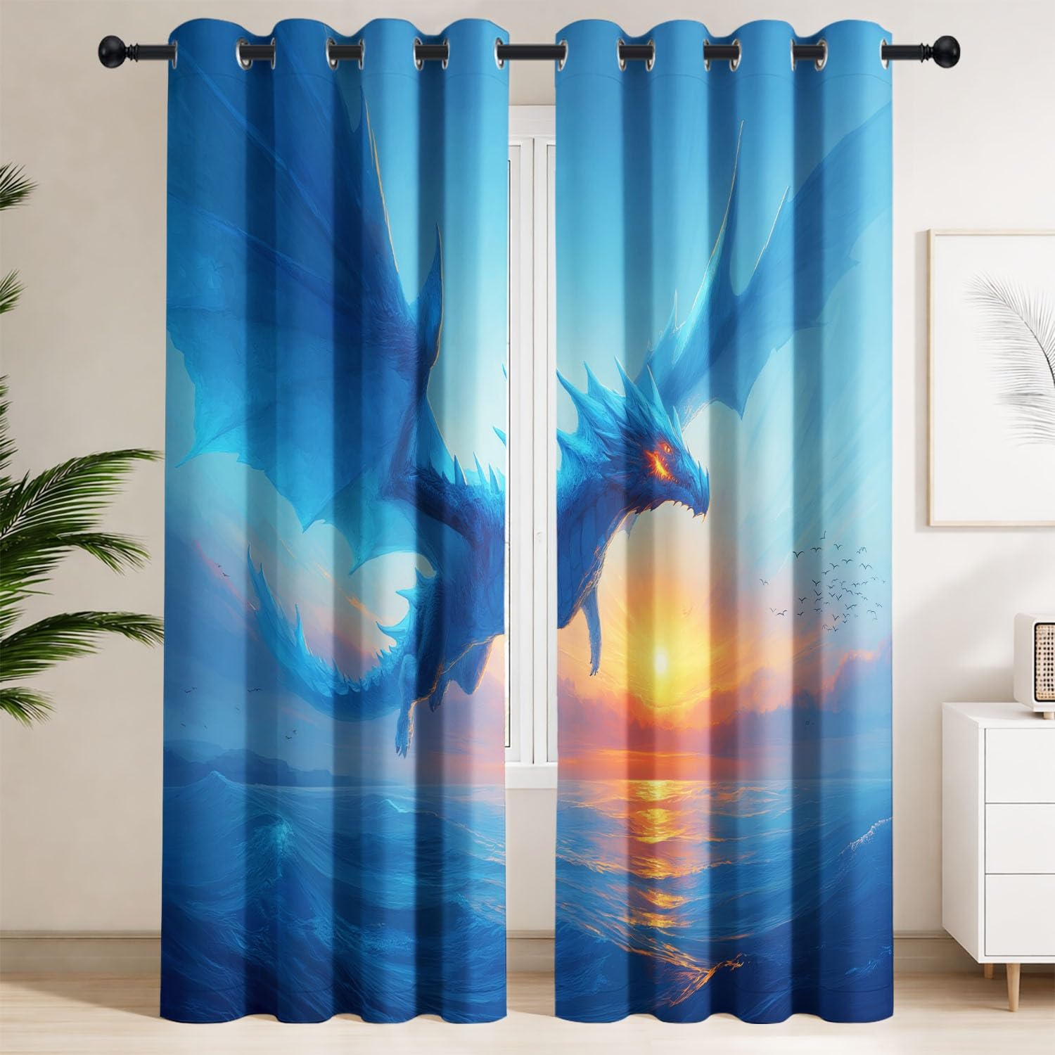 Rideaux occultants pour chambre d'enfant motif dragon bleu azur au coucher de soleil