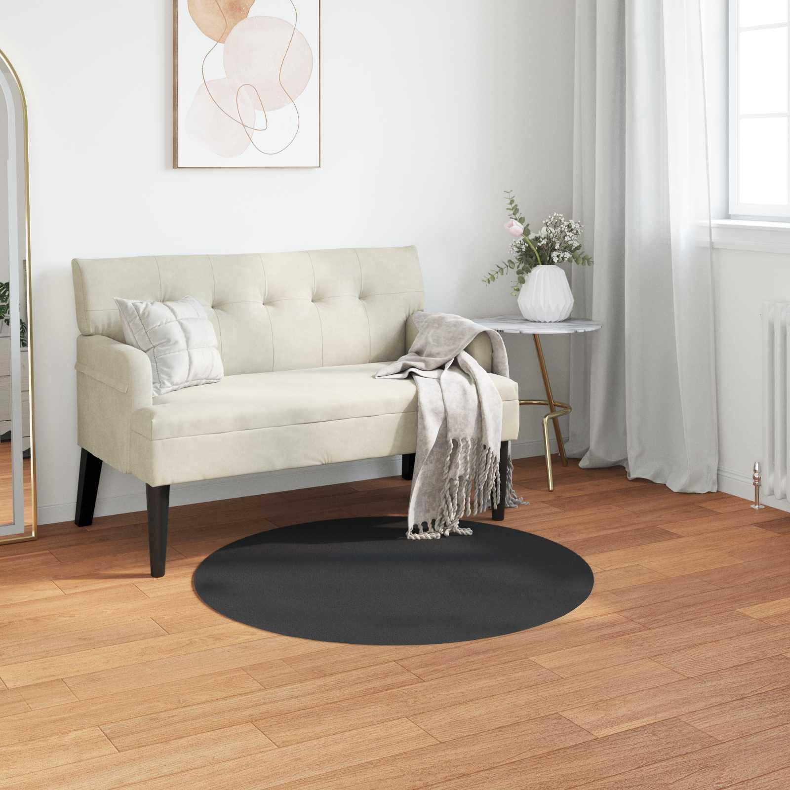 Kunstfell Teppich Rund 120x120 cm Schwarz, Weicher Fellteppich aus Polyester, Rutschfester Kuschelteppich für Wohnzimmer Schlafzimmer und Flur, Moderne Wohndeko