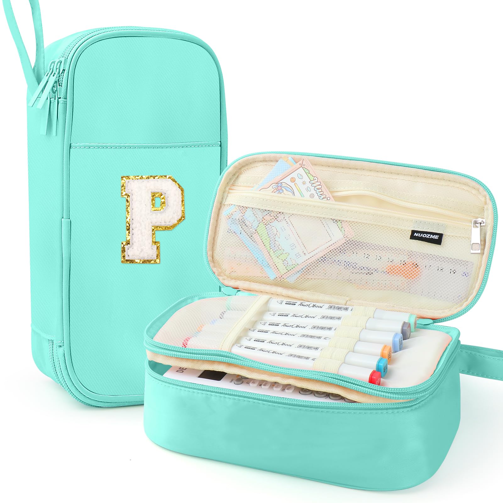 Nuozme Large Capacity Pencil Case, Personalized Pencil Case with Smooth Zipper, Multiple Pockets, Cute Makeup Bag and Stationery for Teen Girls, Mint Green, P, Cute and Stylish