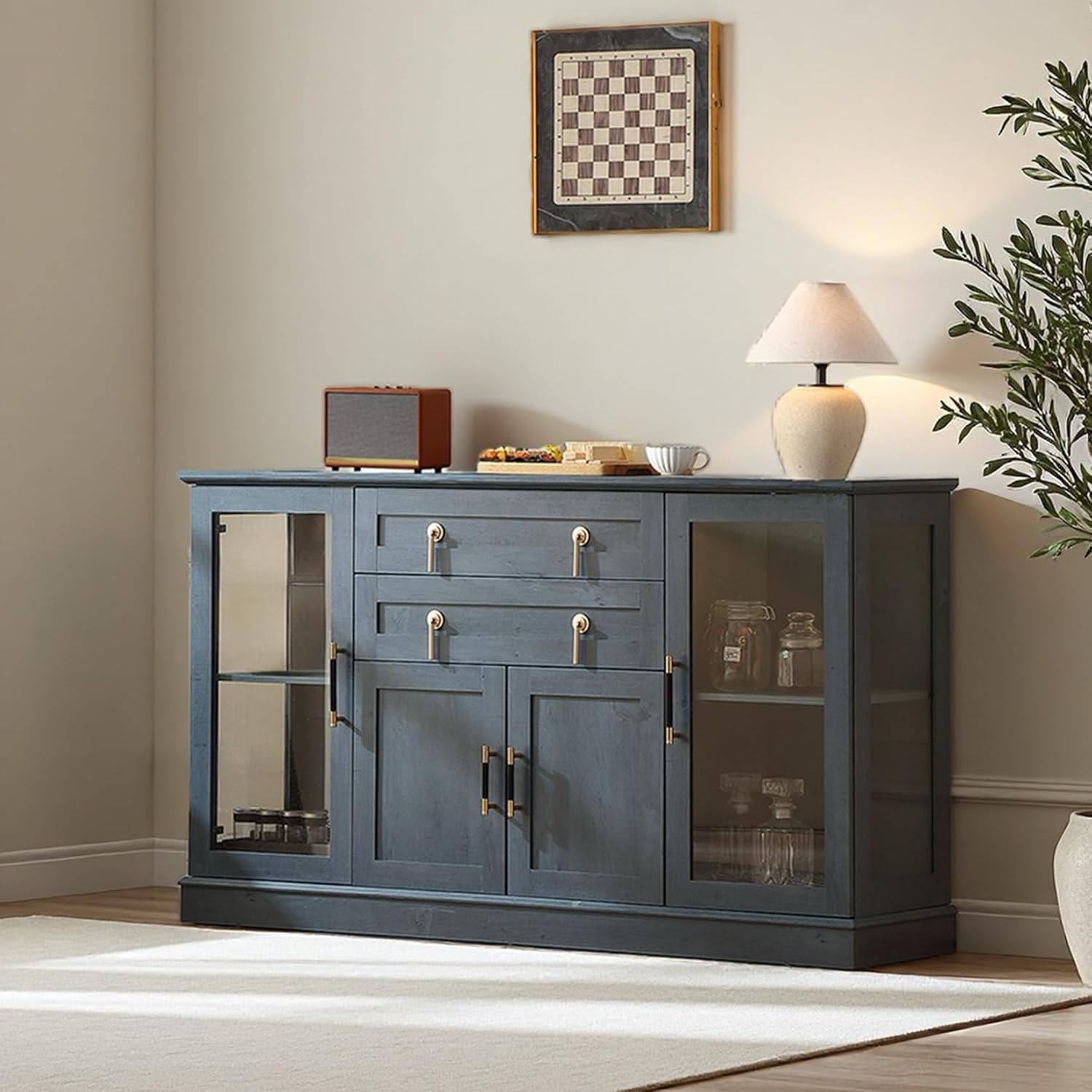 Modern Sideboard with Glass Doors,58.27‘’ Large Buffet Cabinet with Drawers and Adjustable Shelves, Sideboard Cabinet with Storage for Kitchen and Dining Room,Blue