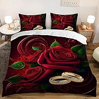 Vista 79 de AILONEN Juego de funda de edredón de rosas rojas tamaño Queen, juego de ropa de cama 3D con rosas rojas aceitadas para niñas, funda de edredón
