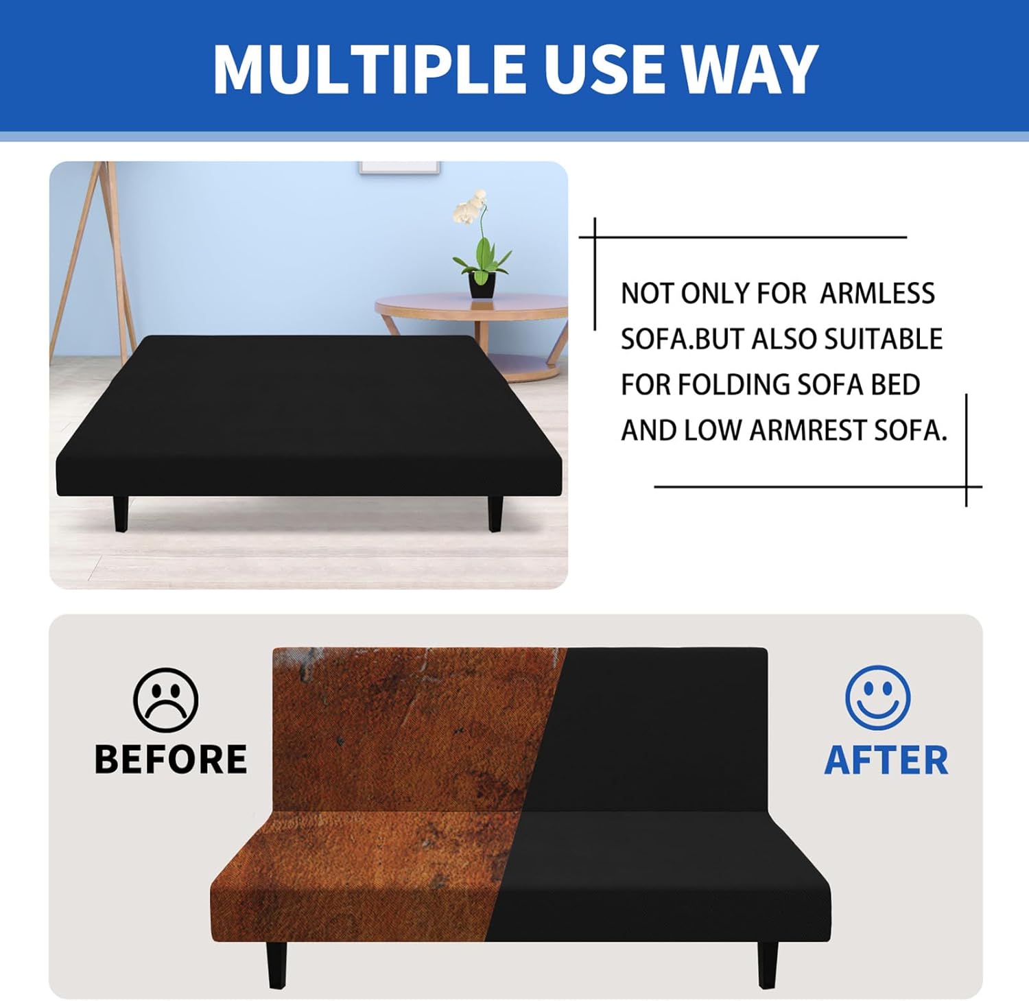 Stretch Futon Slipcover | Armless Futon Covers | Armless Futon Sofa Cover | Sofa Bed Slipcovers | Armless Sofa Cover Furniture Protector (Black)