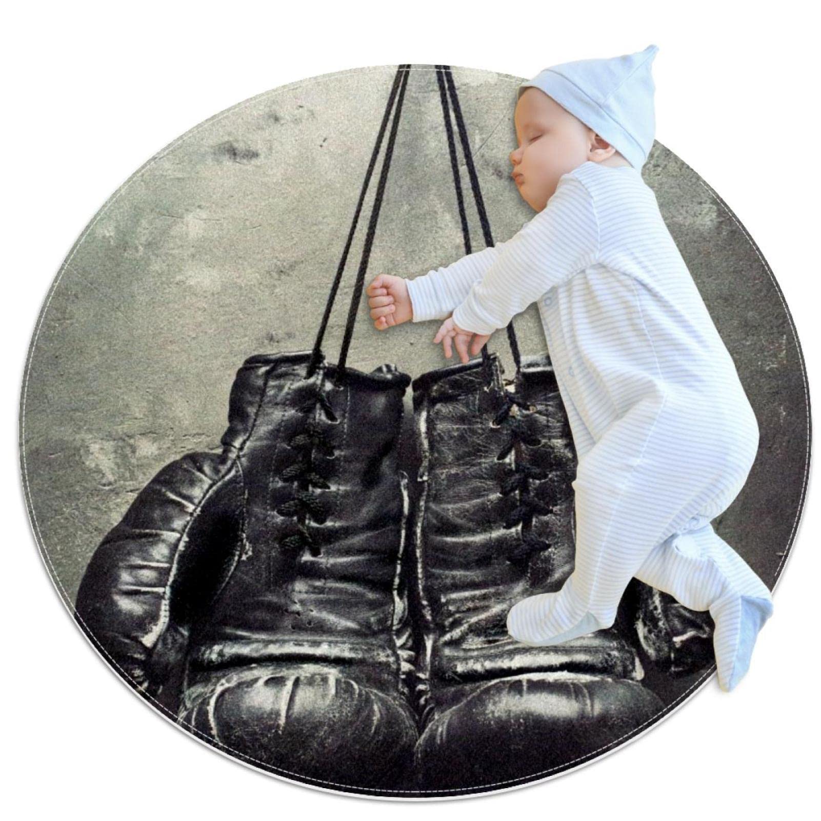 Tapis de salle de bain rond de 1m motif gants de boxe sur le mur et envers antidérapant