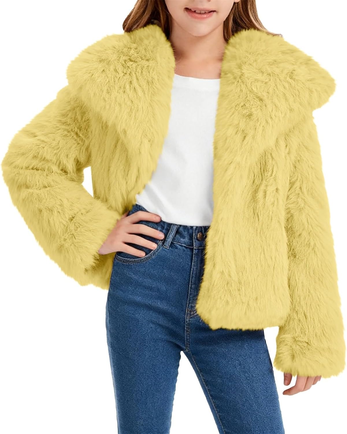 Girls Faux Fur Coat Winter Windproof Thick Fluffy Insulated Fuzzy Jacket Casual Cozy Lapel Collar Plush Outerwear