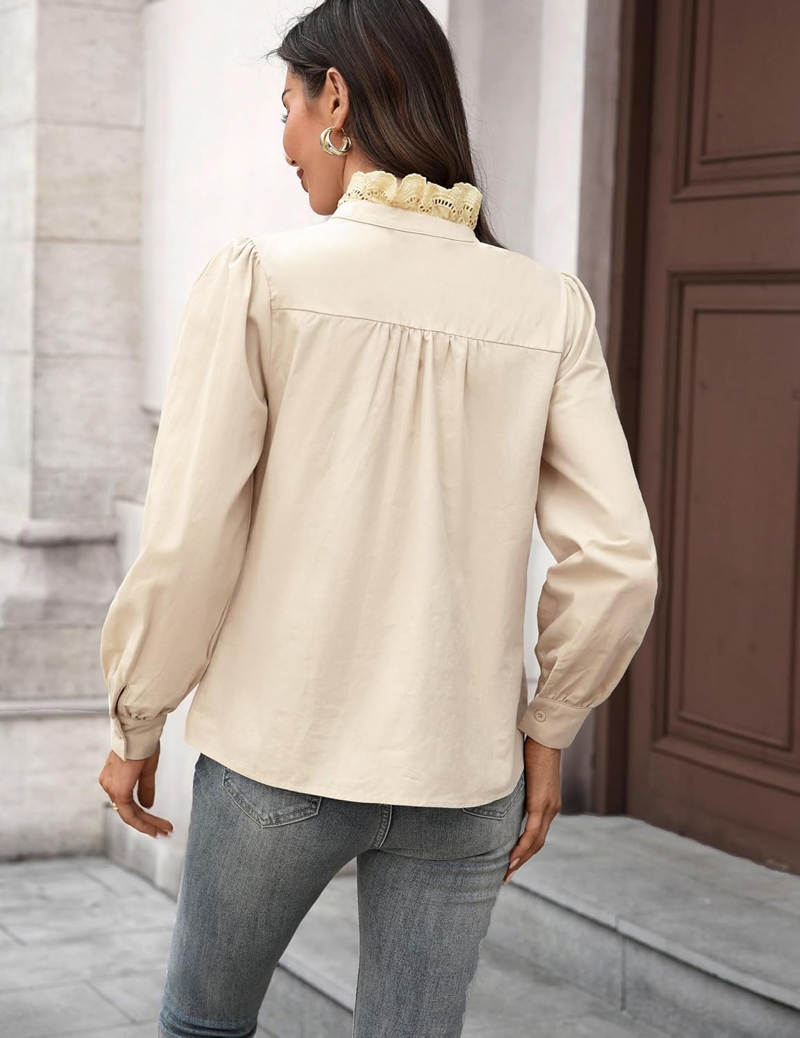 Women's Spring Shirts 2026 Long Sleeve Ruffle Collar Button Down Tops Dressy Casual Elegant Solid Retro Blouse - Image 9