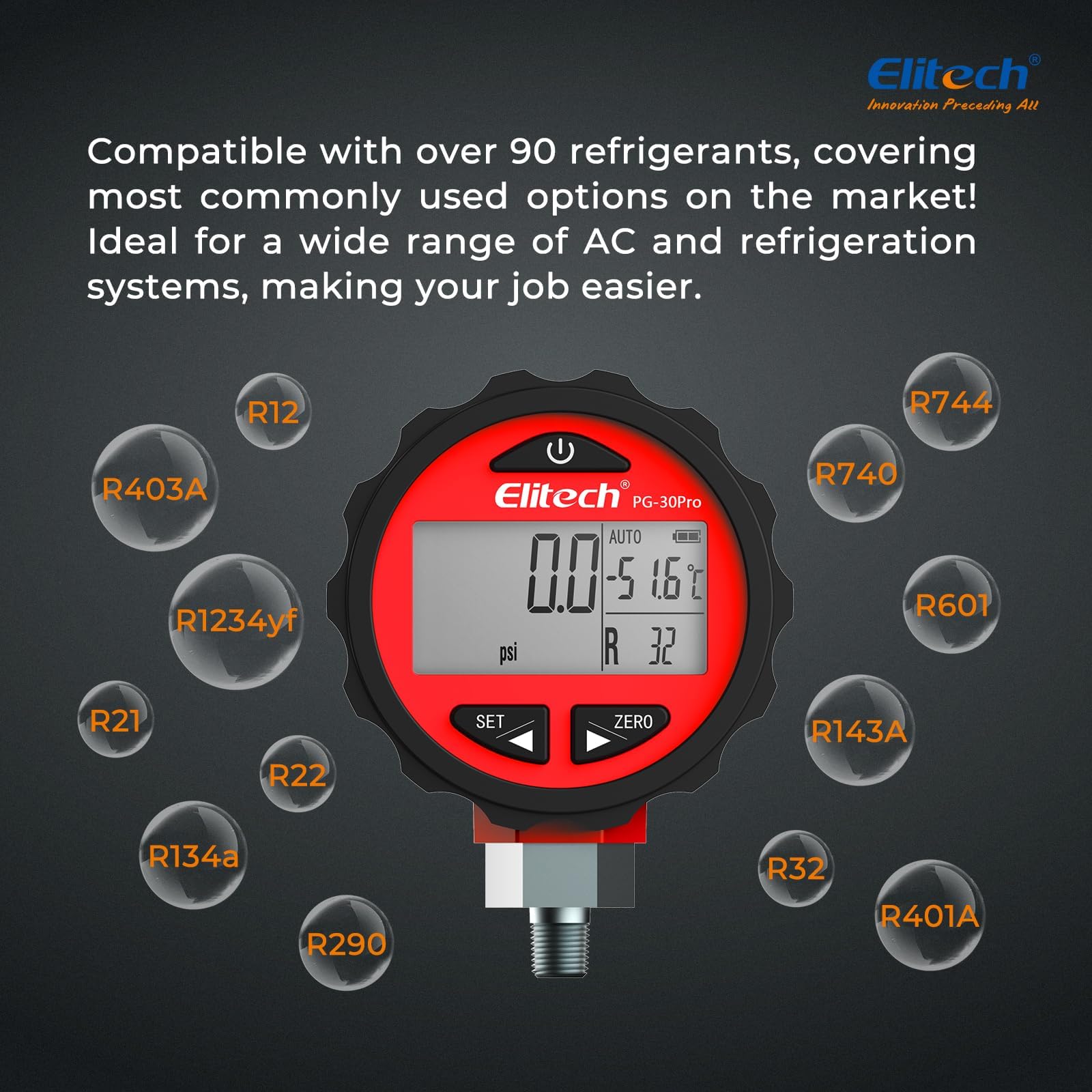 Elitech PG-30 Pro Manomètre Numérique Réfrigérant avec Rétroéclairage, Manifold Gauge Pour 87+ Réfrigérants 0-500 PSI 1/8 NPT, Rouge
