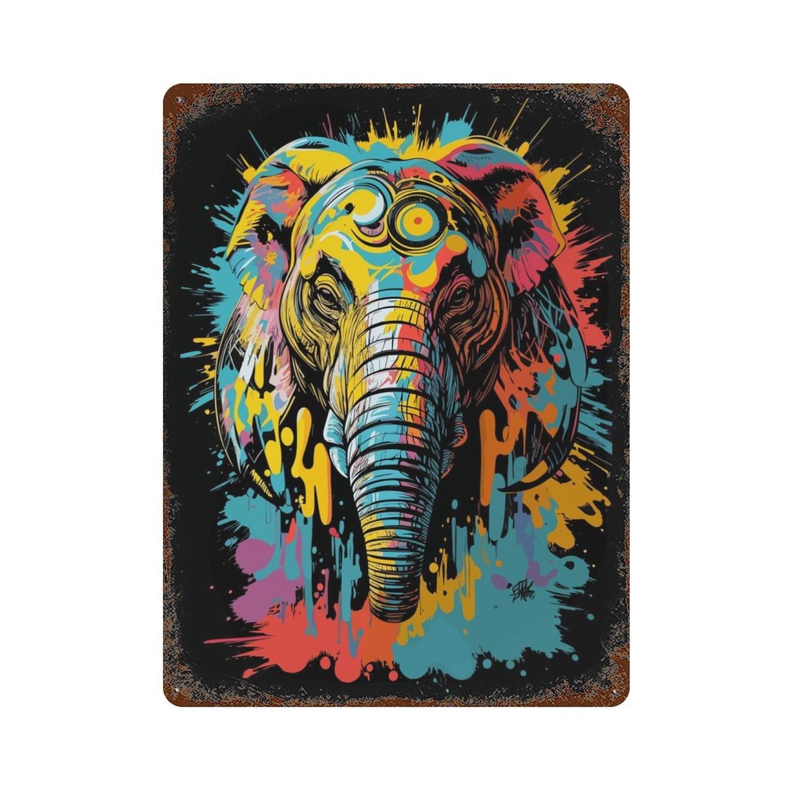 Rust Effect Elephant Head Graffiti Rusty Metal Tin Sign 15.7"x11.8", Old School Wall Decor for Basement, Hobby Room And Garage Decor