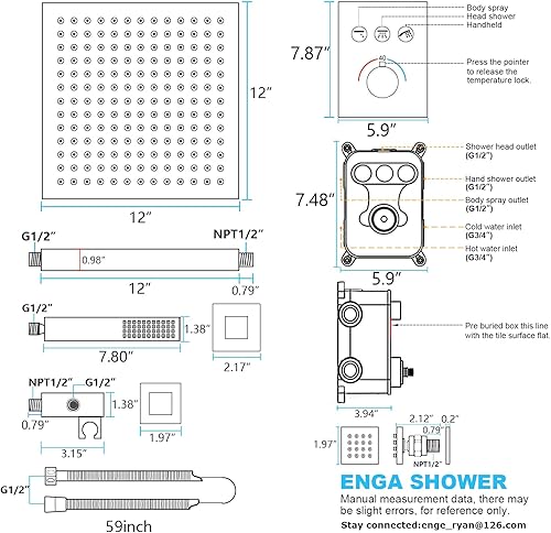 Miniatura 9 de Enga Sistema de cabezal de ducha LED montado en la pared de 12 pulgadas con válvula mezcladora termostática y 6 aerosoles corporales de masaje y