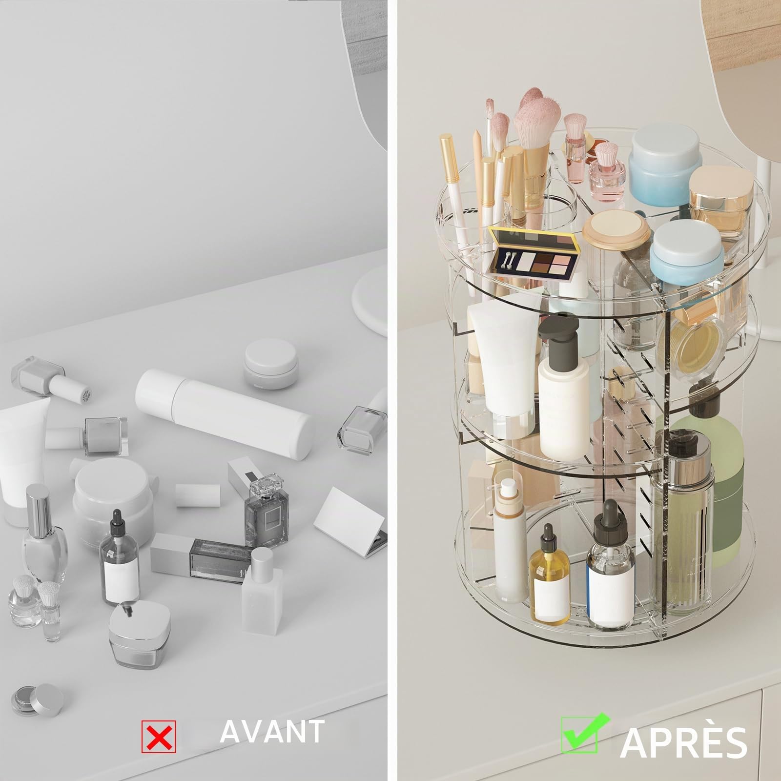 Organiseur de maquillage rotatif, 8 couches réglables pour soins de la peau, présentoir cosmétique avec porte-pinceau, plateau de parfum, carrousel de rangement multifonction pour coiffeuse, salle de