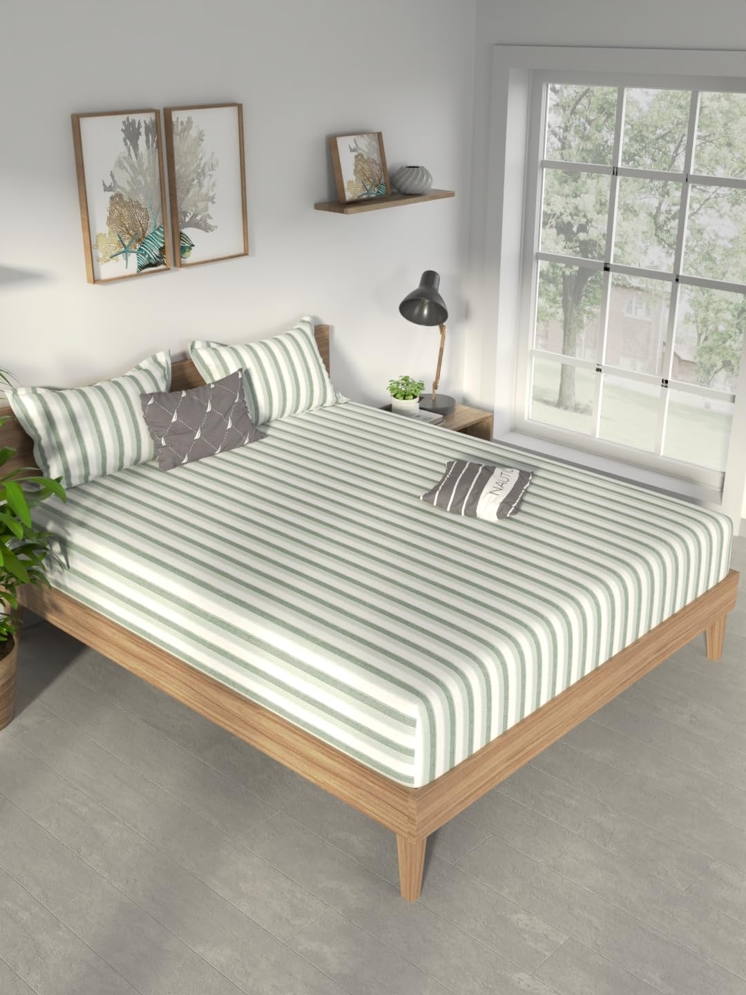 Nautica Cotton King Bedsheet with 2 Pillow Covers -3pc Set (Pacific Coast) | 160TC | Super Soft Touch Stripe-Olive-image-22