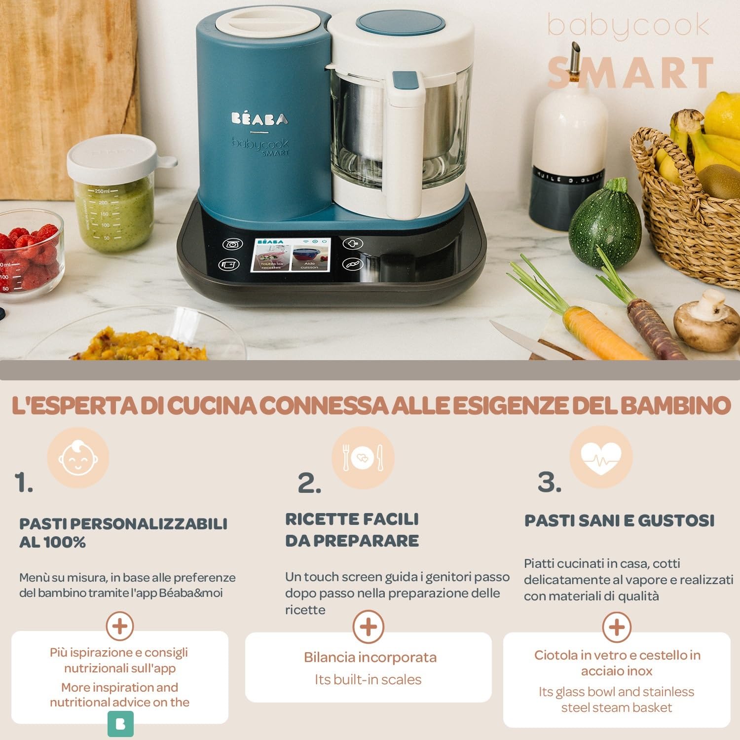 BÉABA BabycookSmart, Cuoci Pappa per Bambini, Bilancia, Ciotola in Vetro, Cestino Acciaio Inox, 2.25 L, Cottura Vapore, Schermo Tattile, Antracite