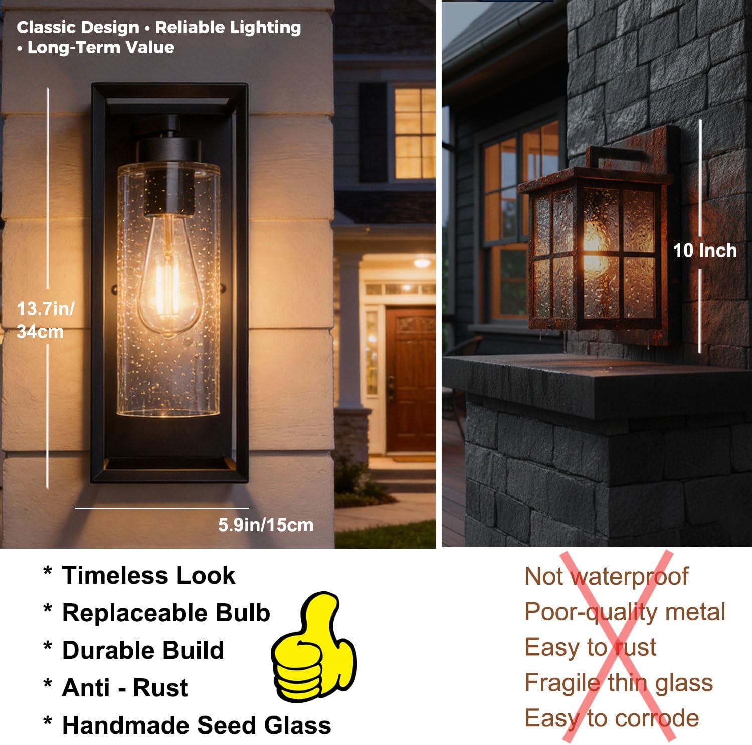 Outdoor Wall Lights 2 Pack , 14 Inch Exterior Wall Sconces with Clear Seeded Glass, Modern Matte Black Hardwired Wall Lanterns, Waterproof Anti-Rust Porch Light for Garage & Front Door (E26 Base)