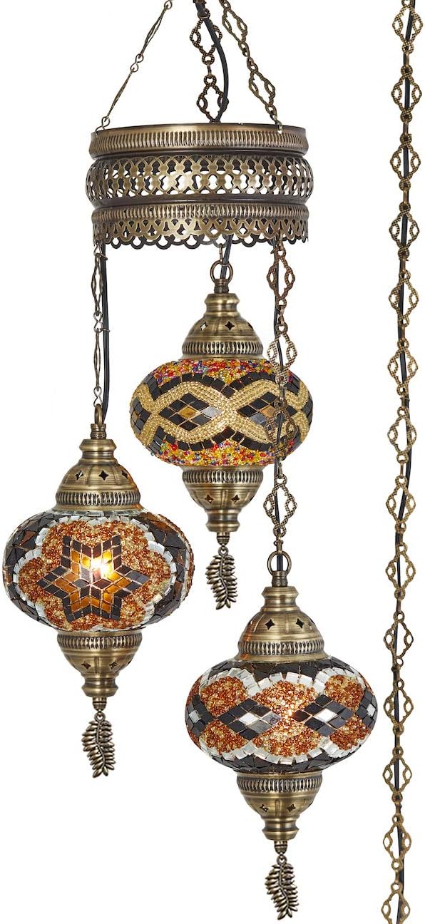 DEMMEX Plug-in Turkish Hanging Lamp, Handmade Moroccan Mosaic Chandelier Pendant Light Fixture with 15-ft Cord & Chain, Decorative Ceiling Lamp for Living Room, Bedroom, 3 Large 7'' Globes, 3.5 ft.